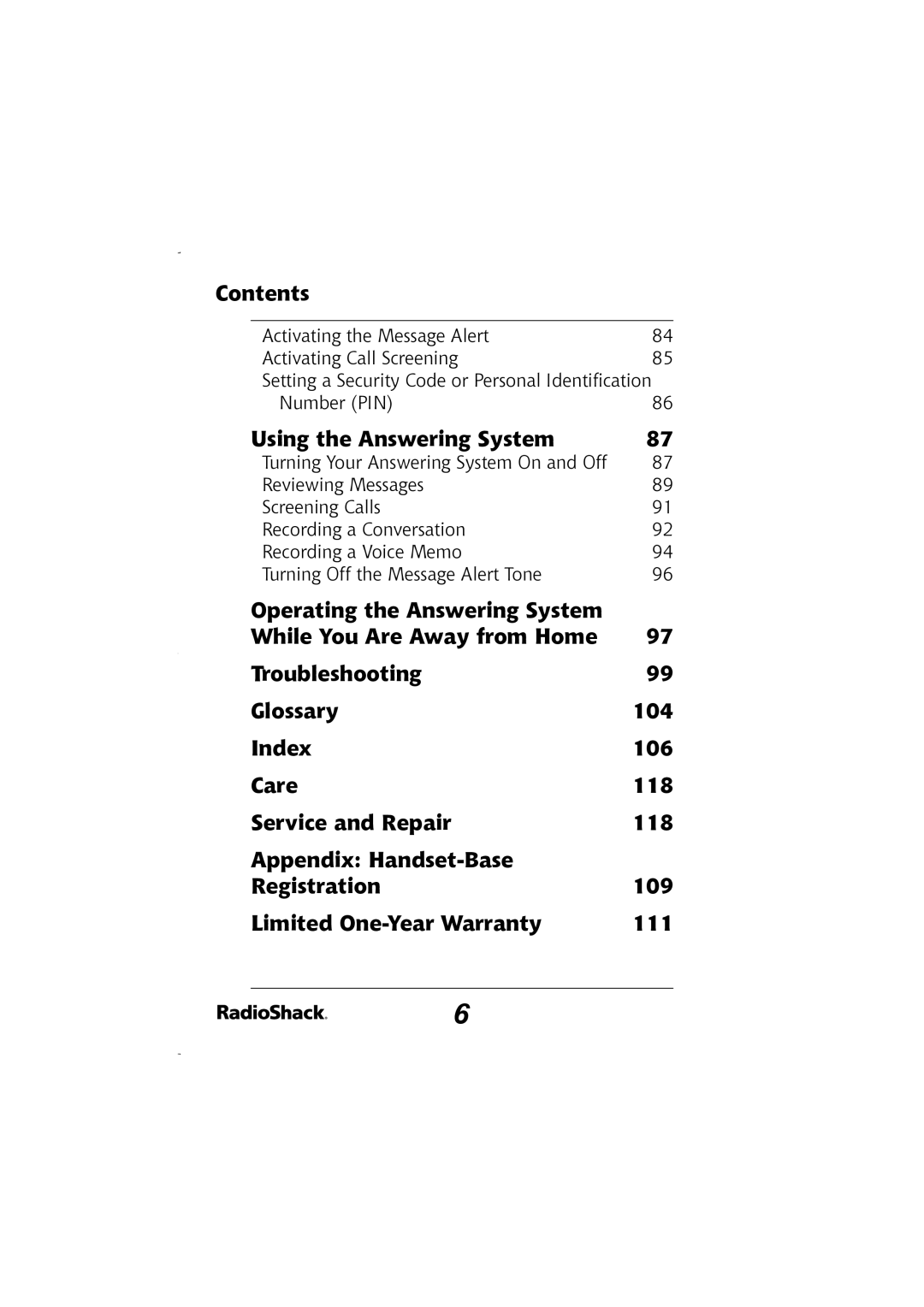 Radio Shack 43-5829 manual Contents, Using the Answering System 