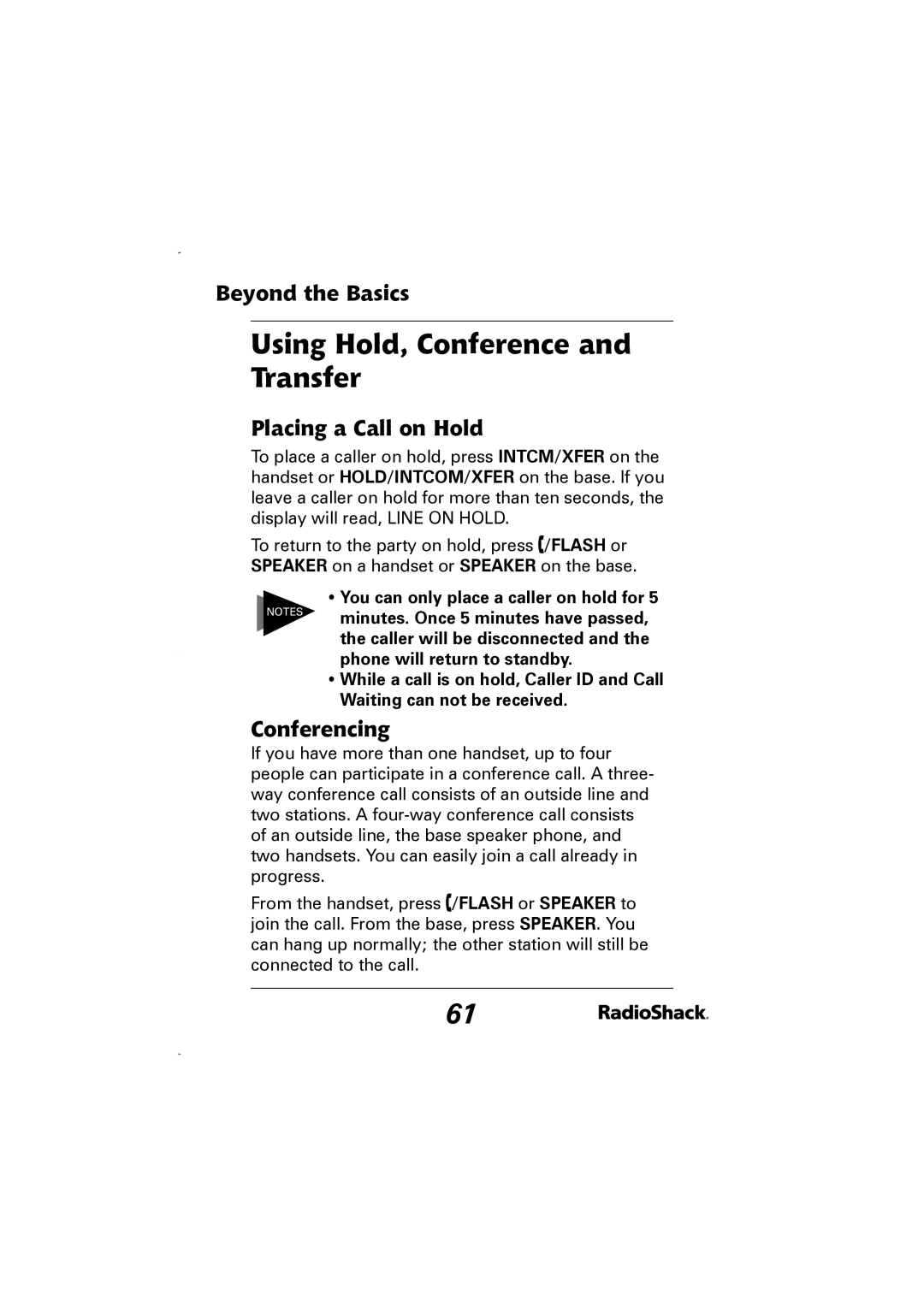 Radio Shack 43-5829 manual Using Hold, Conference and Transfer, Placing a Call on Hold, Conferencing 