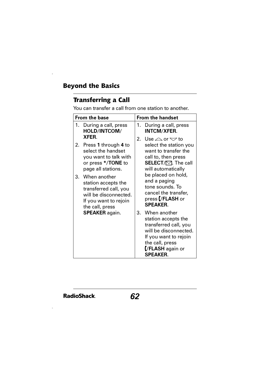 Radio Shack 43-5829 manual Beyond the Basics Transferring a Call, From the base From the handset, Flash or, Speaker again 