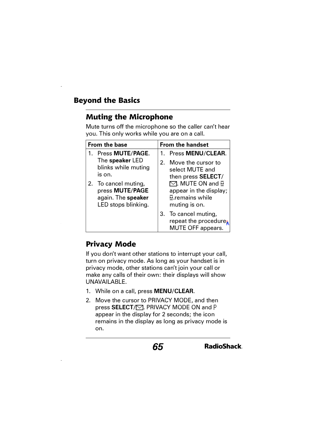 Radio Shack 43-5829 manual Beyond the Basics Muting the Microphone, Privacy Mode, From the base, Press MUTE/PAGE 