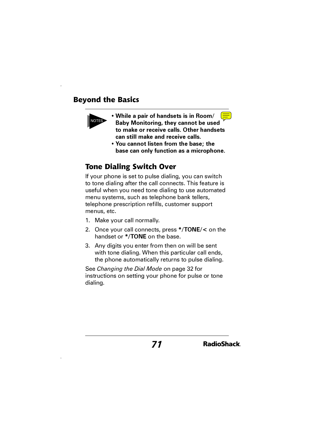 Radio Shack 43-5829 manual Tone Dialing Switch Over 