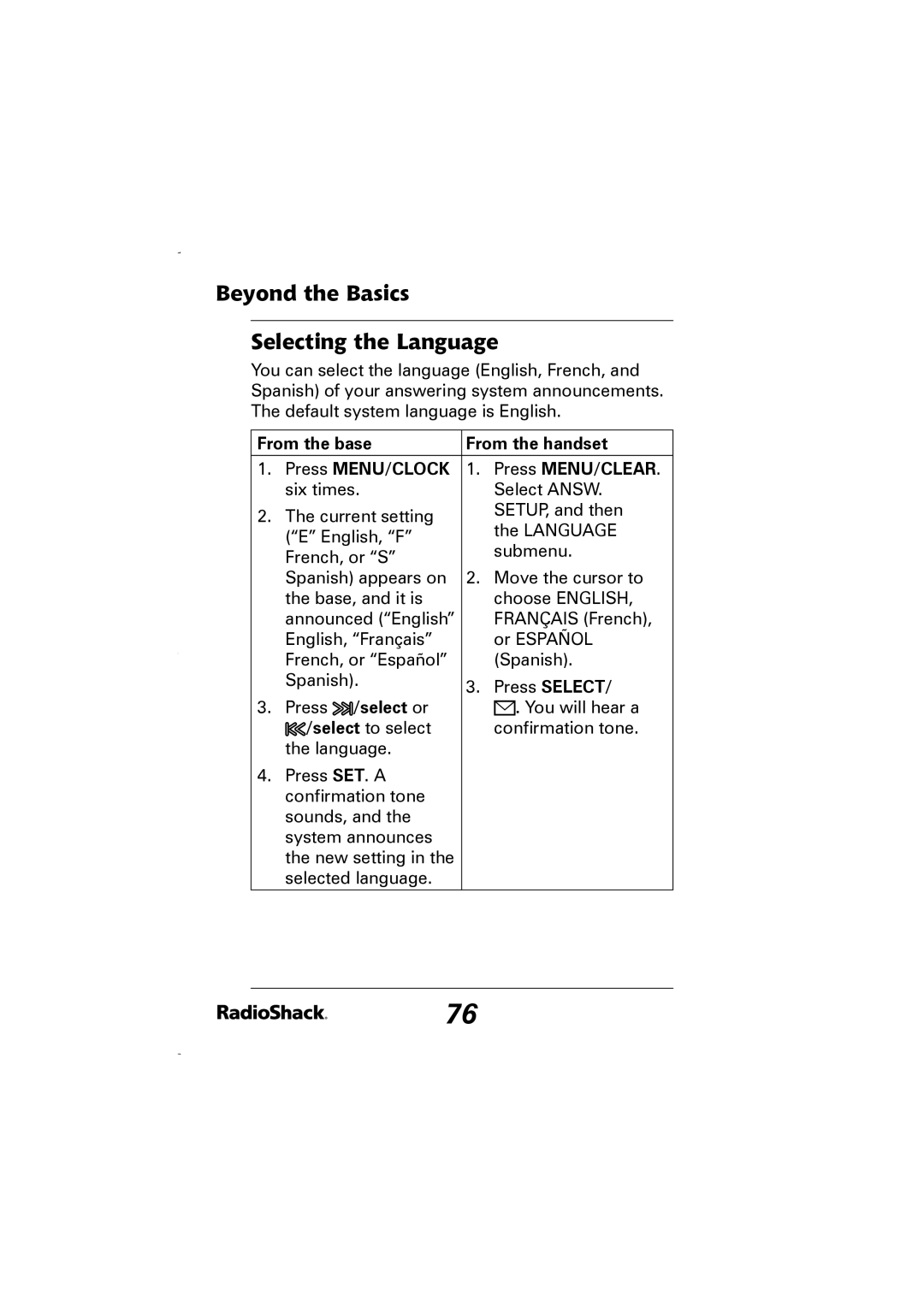 Radio Shack 43-5829 manual Beyond the Basics Selecting the Language, Press MENU/CLOCK 1. Press MENU/CLEAR, Press Select 