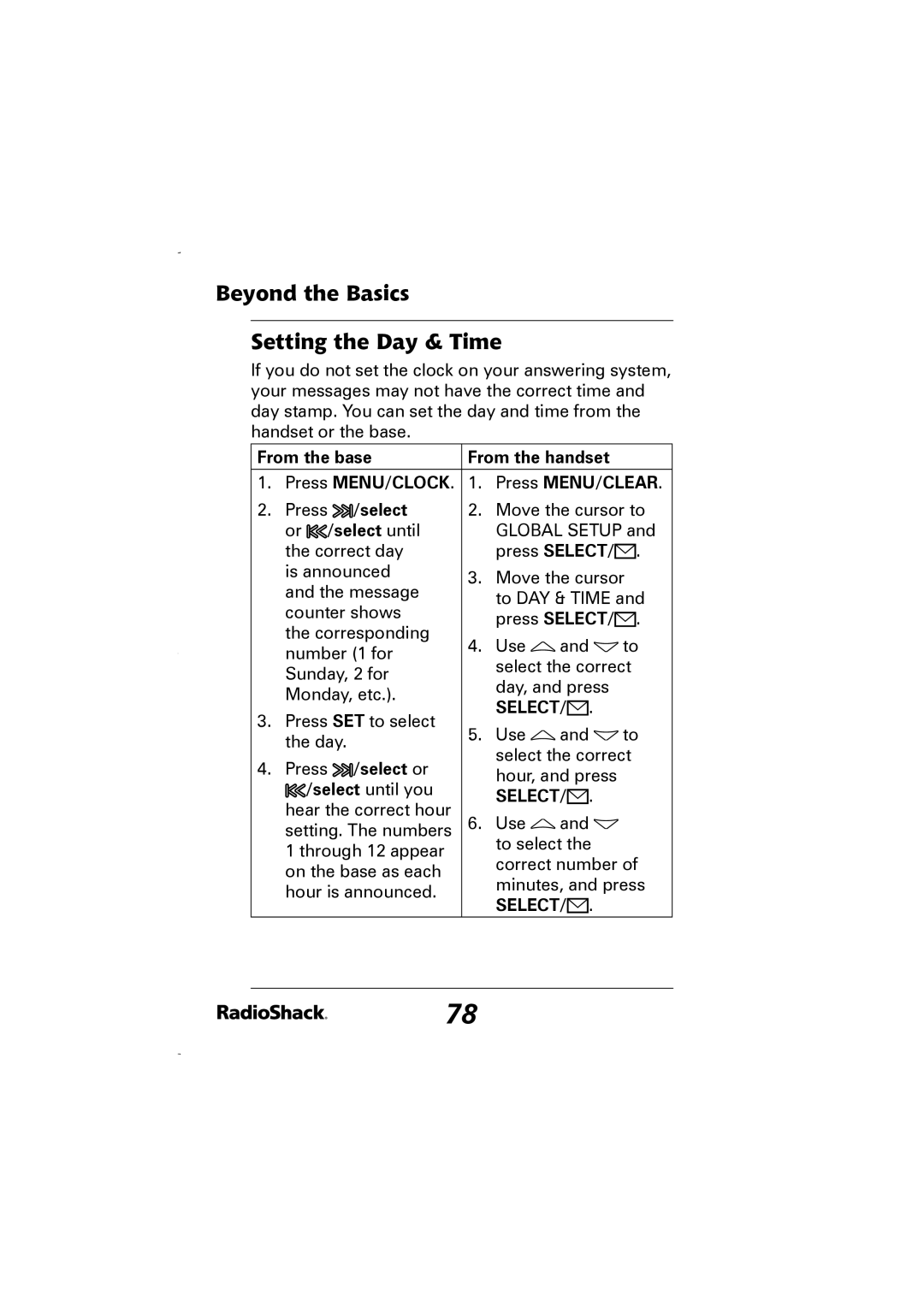 Radio Shack 43-5829 manual Beyond the Basics Setting the Day & Time, Press MENU/CLOCK . Press MENU/CLEAR, Select or 