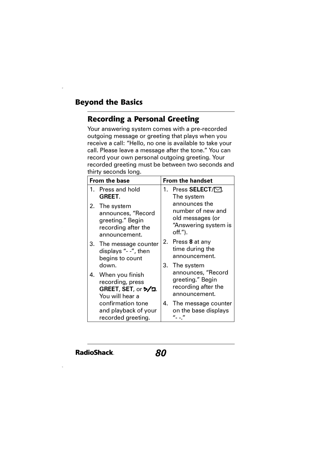 Radio Shack 43-5829 manual Beyond the Basics Recording a Personal Greeting, Greet , SET , or 