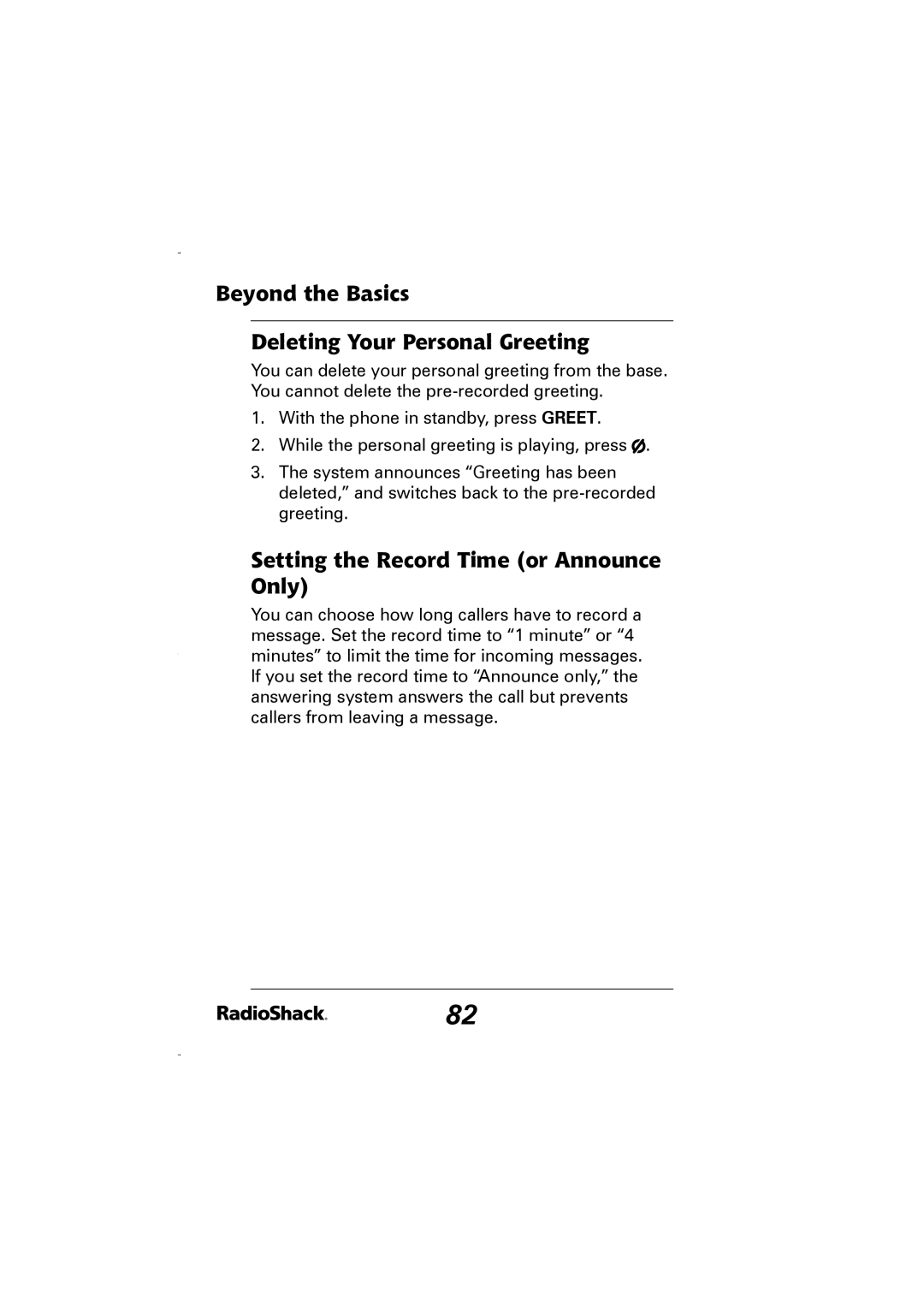 Radio Shack 43-5829 manual Beyond the Basics Deleting Your Personal Greeting, Setting the Record Time or Announce Only 