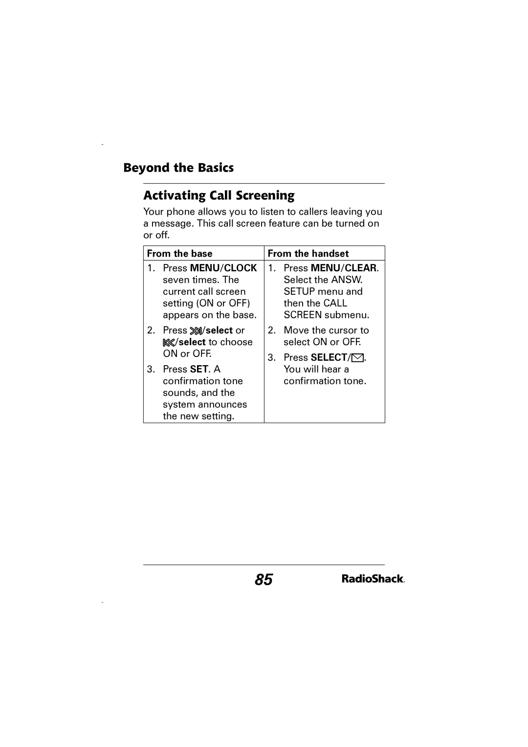 Radio Shack 43-5829 manual Beyond the Basics Activating Call Screening 