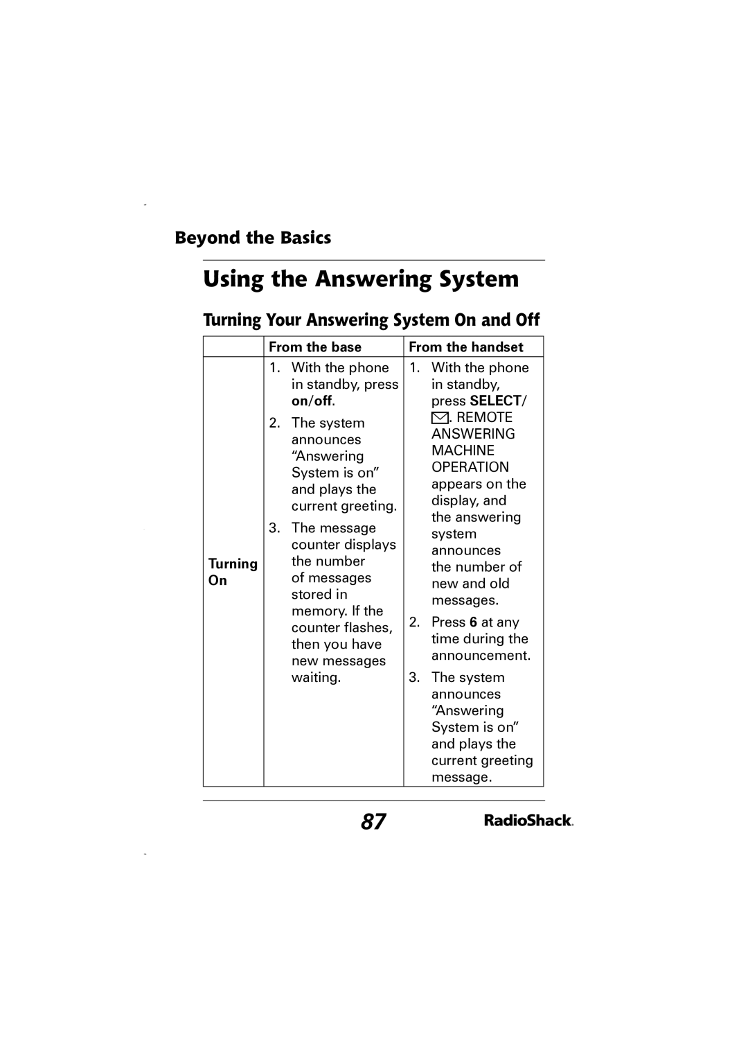 Radio Shack 43-5829 manual Using the Answering System, Turning Your Answering System On and Off, On/off Press Select 