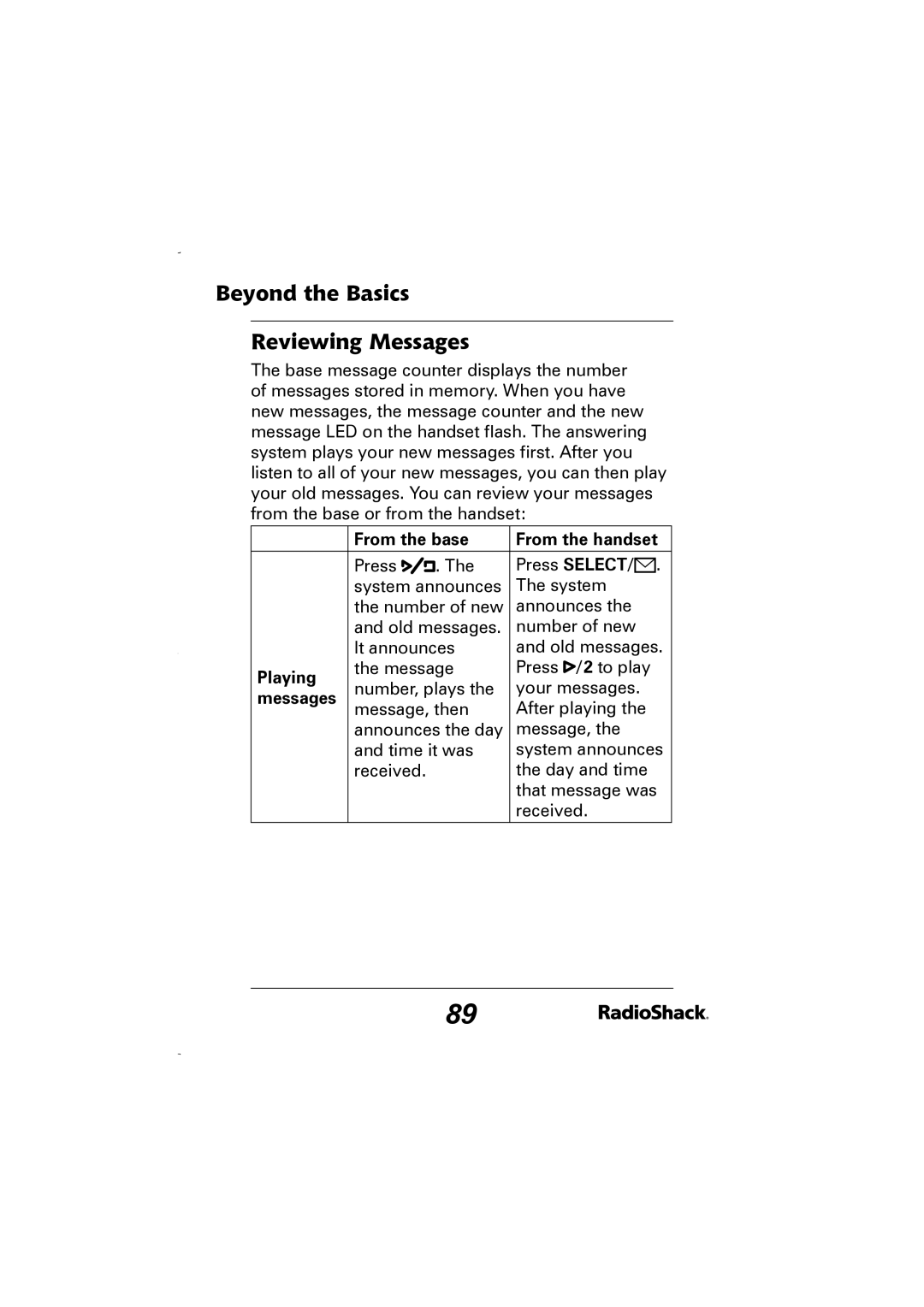 Radio Shack 43-5829 manual Beyond the Basics Reviewing Messages, Playing 