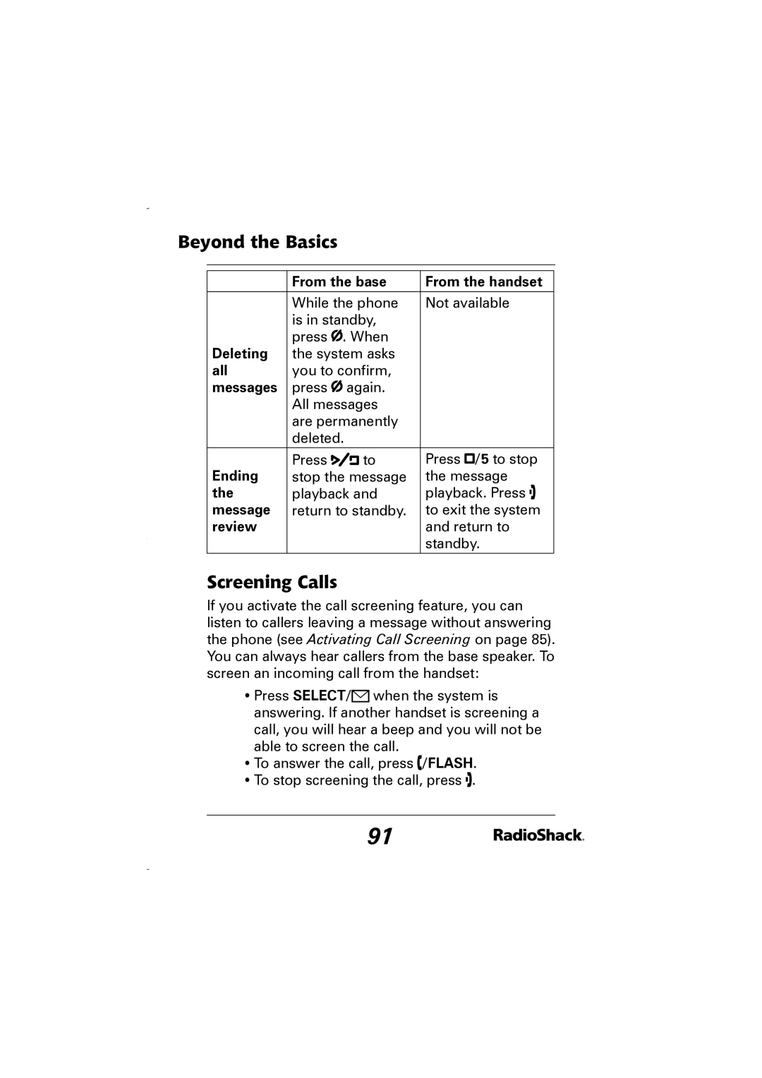 Radio Shack 43-5829 manual Screening Calls, Deleting, All, Ending, Review 