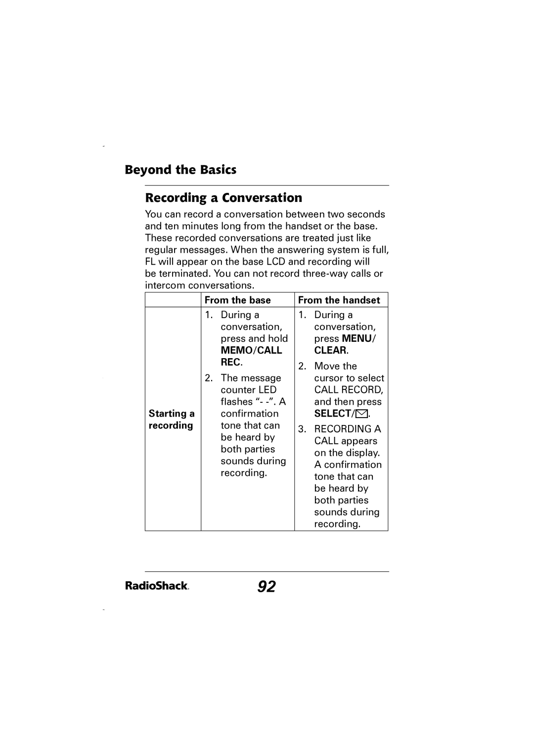 Radio Shack 43-5829 manual Beyond the Basics Recording a Conversation, Starting a 