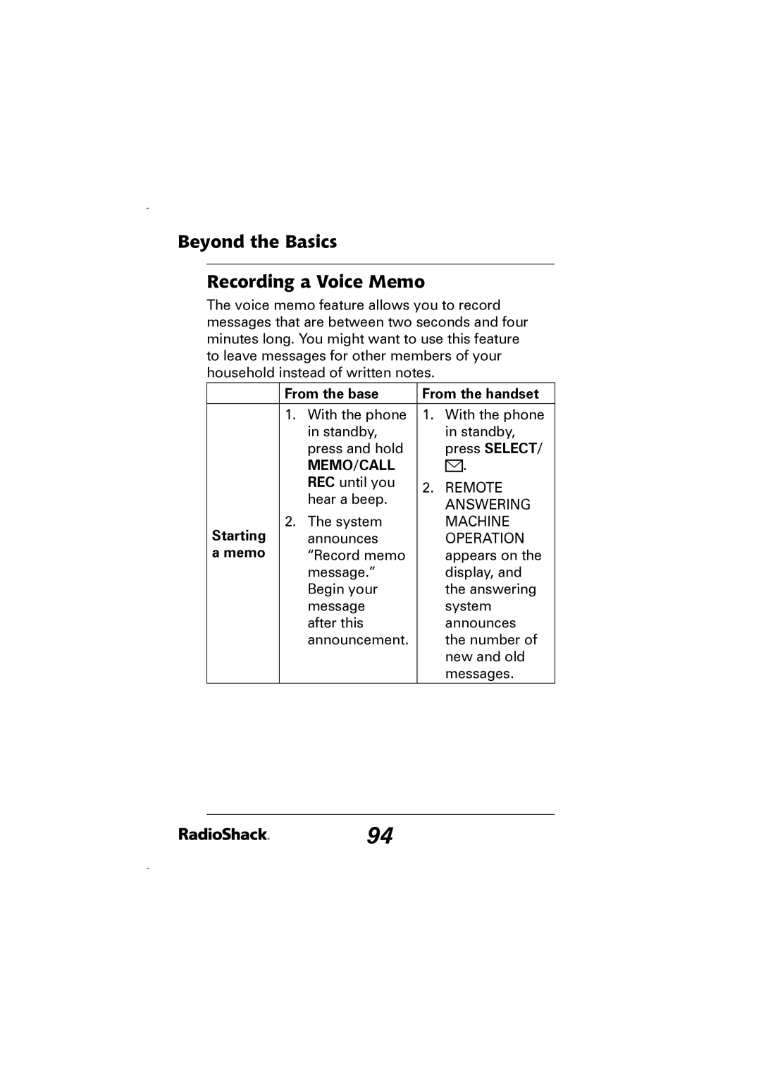 Radio Shack 43-5829 manual Beyond the Basics Recording a Voice Memo, Starting 