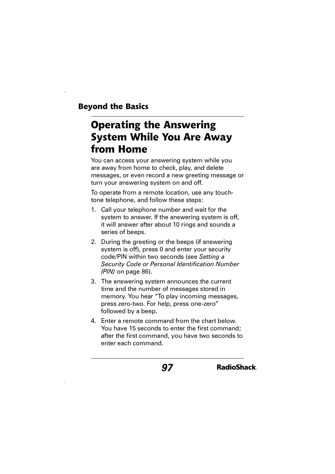 Radio Shack 43-5829 manual Operating the Answering System While You Are Away from Home 