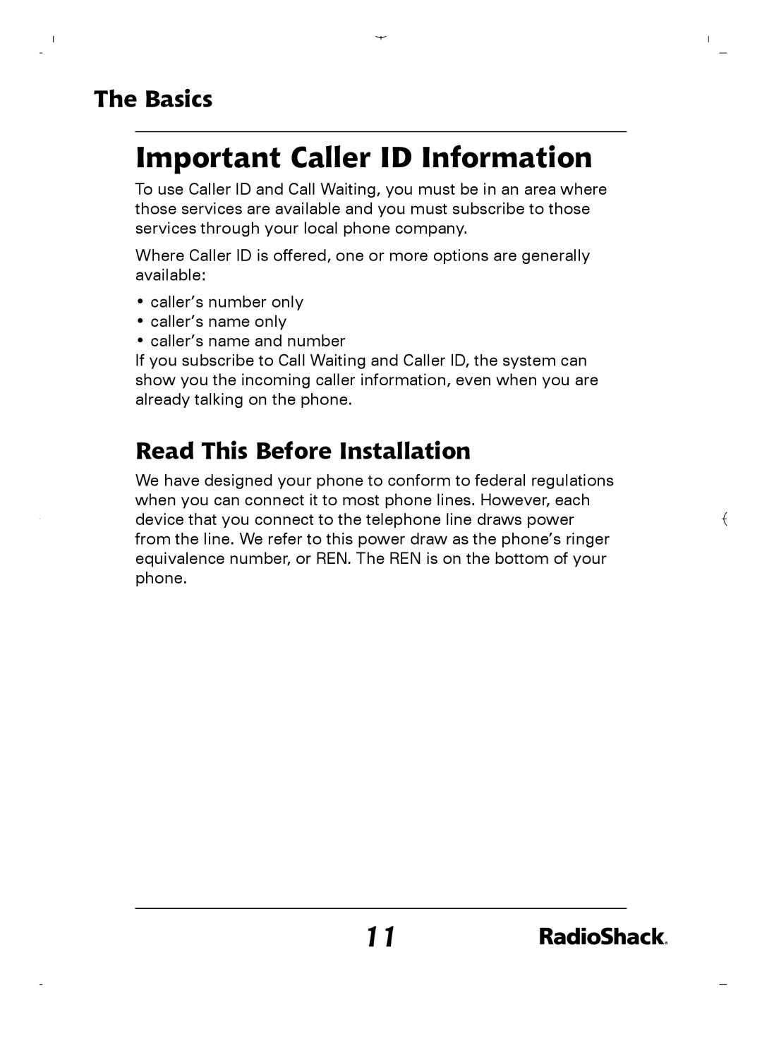 Radio Shack 43-5862 owner manual Important Caller ID Information, Read This Before Installation 