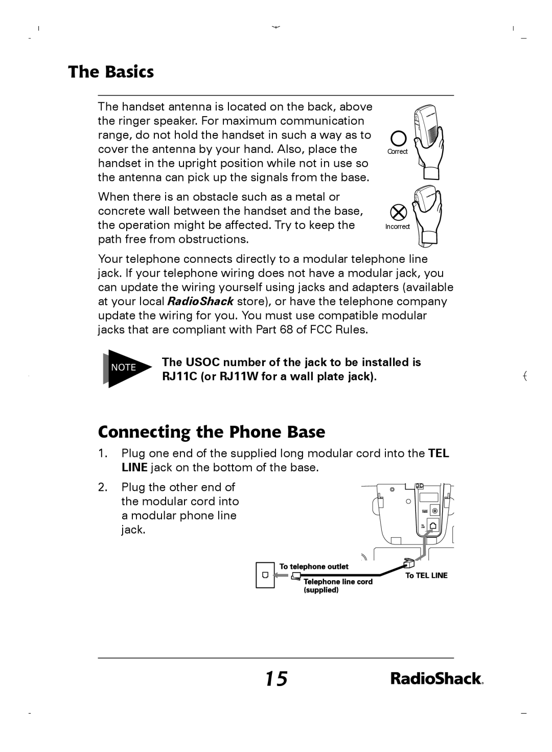 Radio Shack 43-5862 owner manual Connecting the Phone Base, Usoc number of the jack to be installed is 