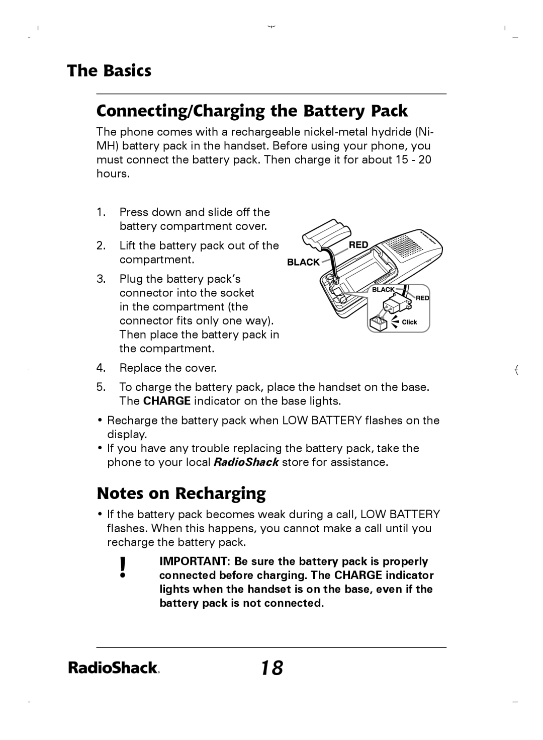 Radio Shack 43-5862 owner manual Basics Connecting/Charging the Battery Pack 