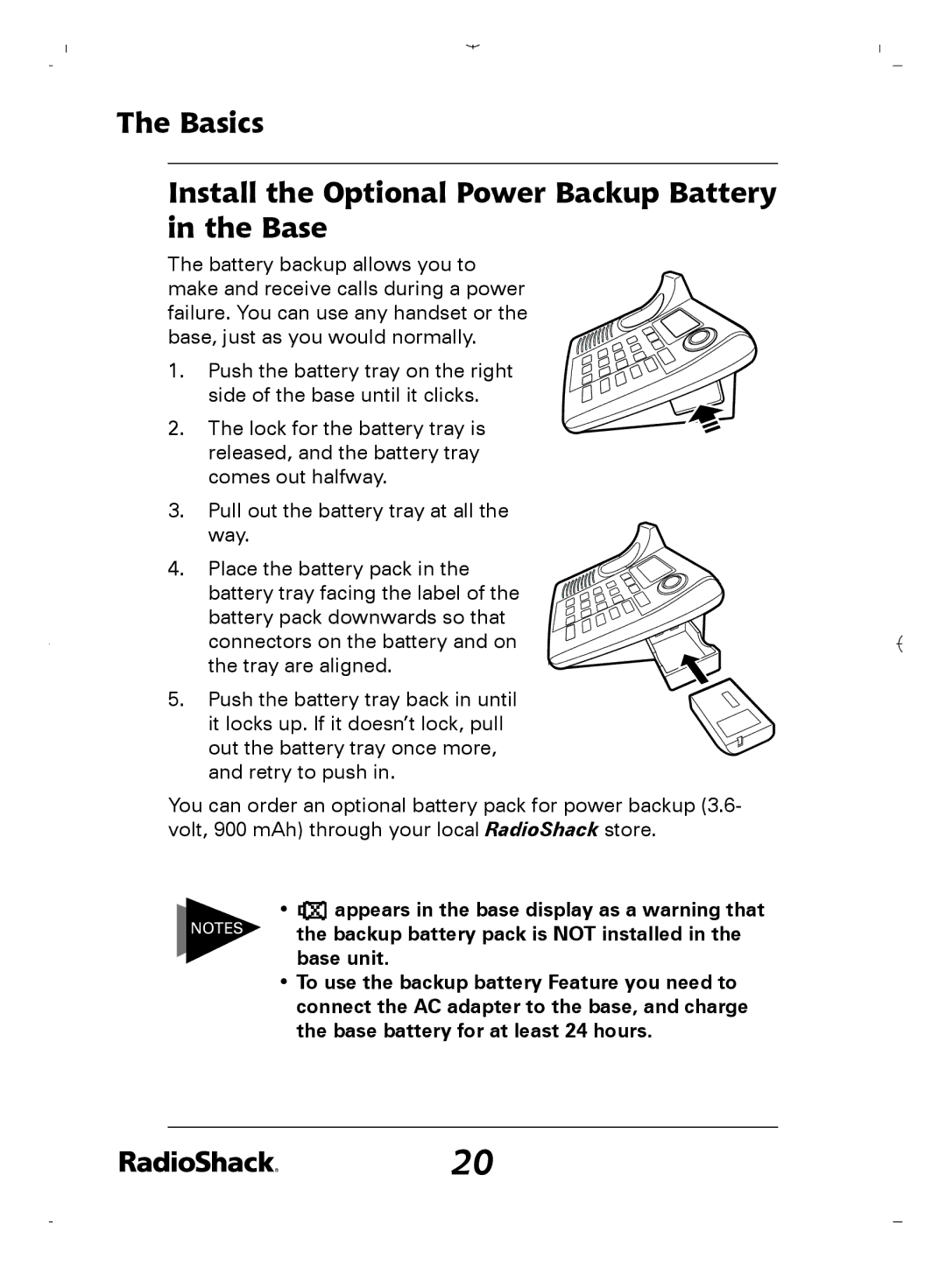 Radio Shack 43-5862 Appears in the base display as a warning that, Backup battery pack is not installed, Base unit 