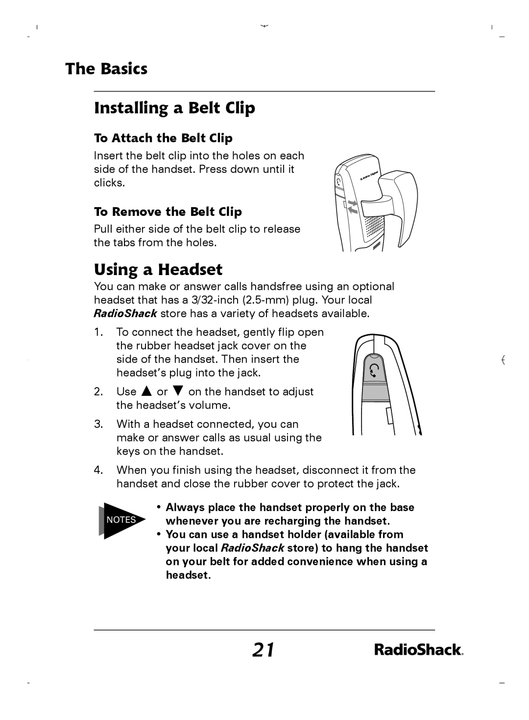 Radio Shack 43-5862 Basics Installing a Belt Clip, Using a Headset, To Attach the Belt Clip, To Remove the Belt Clip 