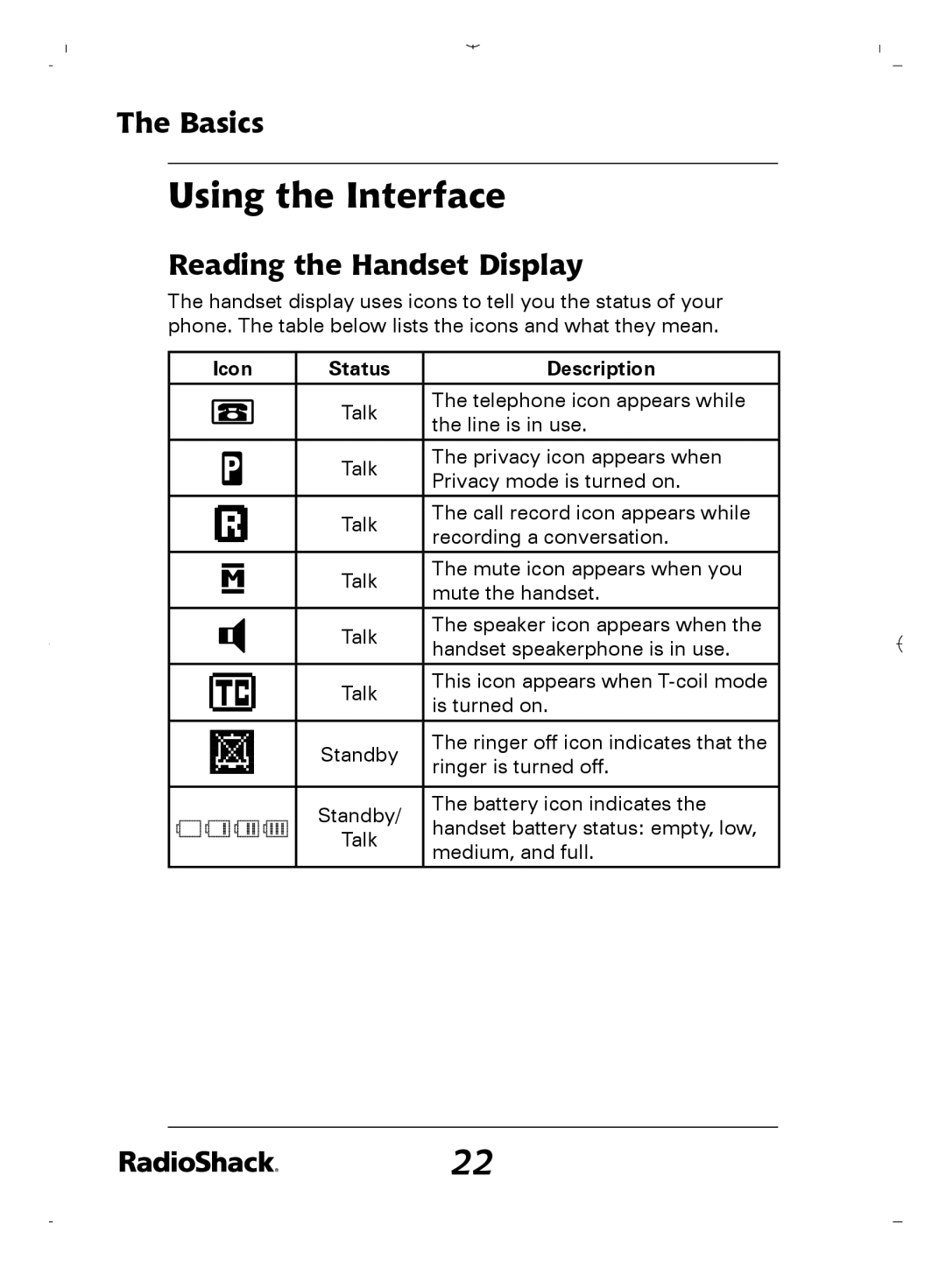 Radio Shack 43-5862 owner manual Using the Interface, Reading the Handset Display, Icon Status Description 