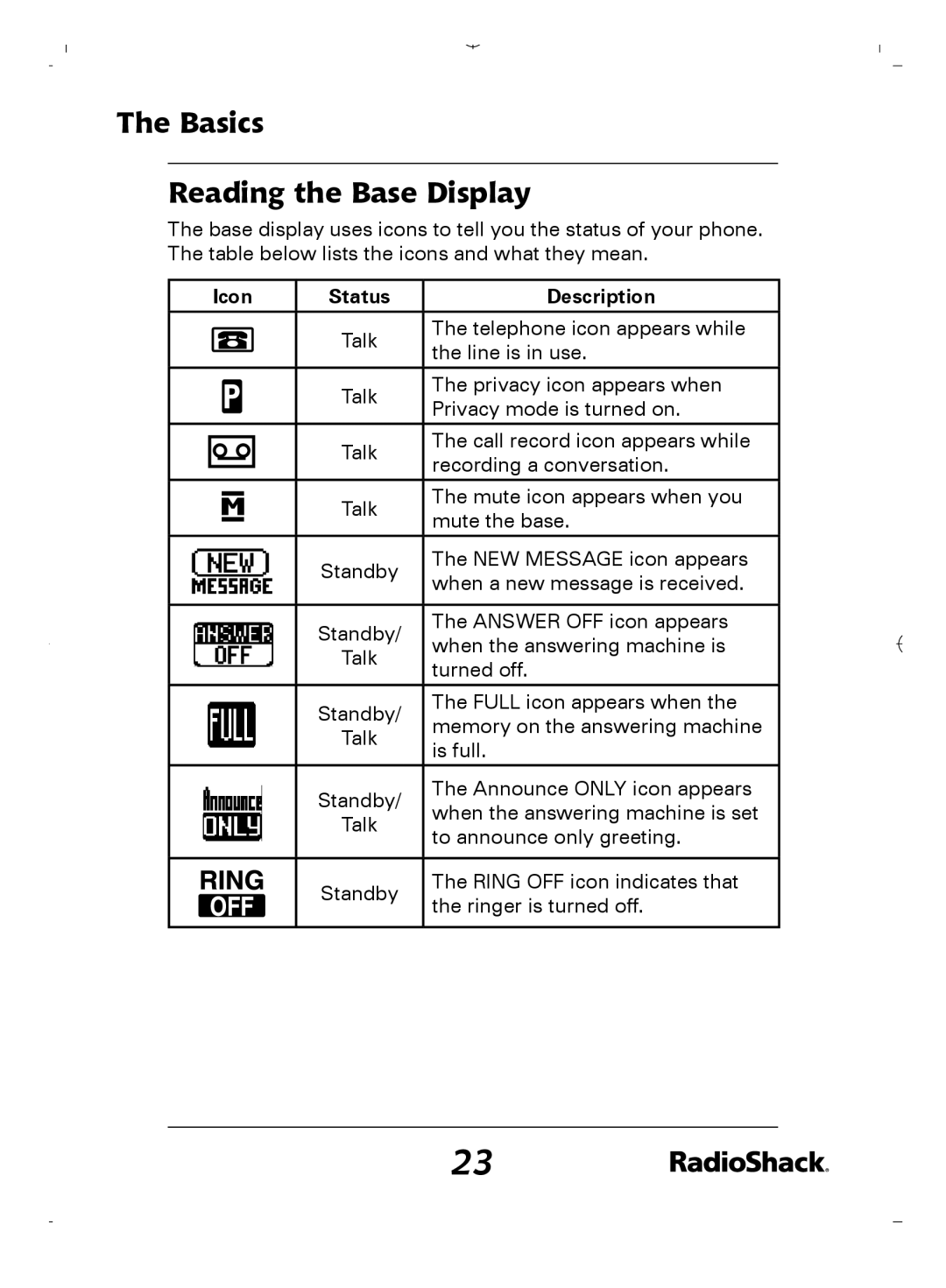 Radio Shack 43-5862 owner manual Basics Reading the Base Display 