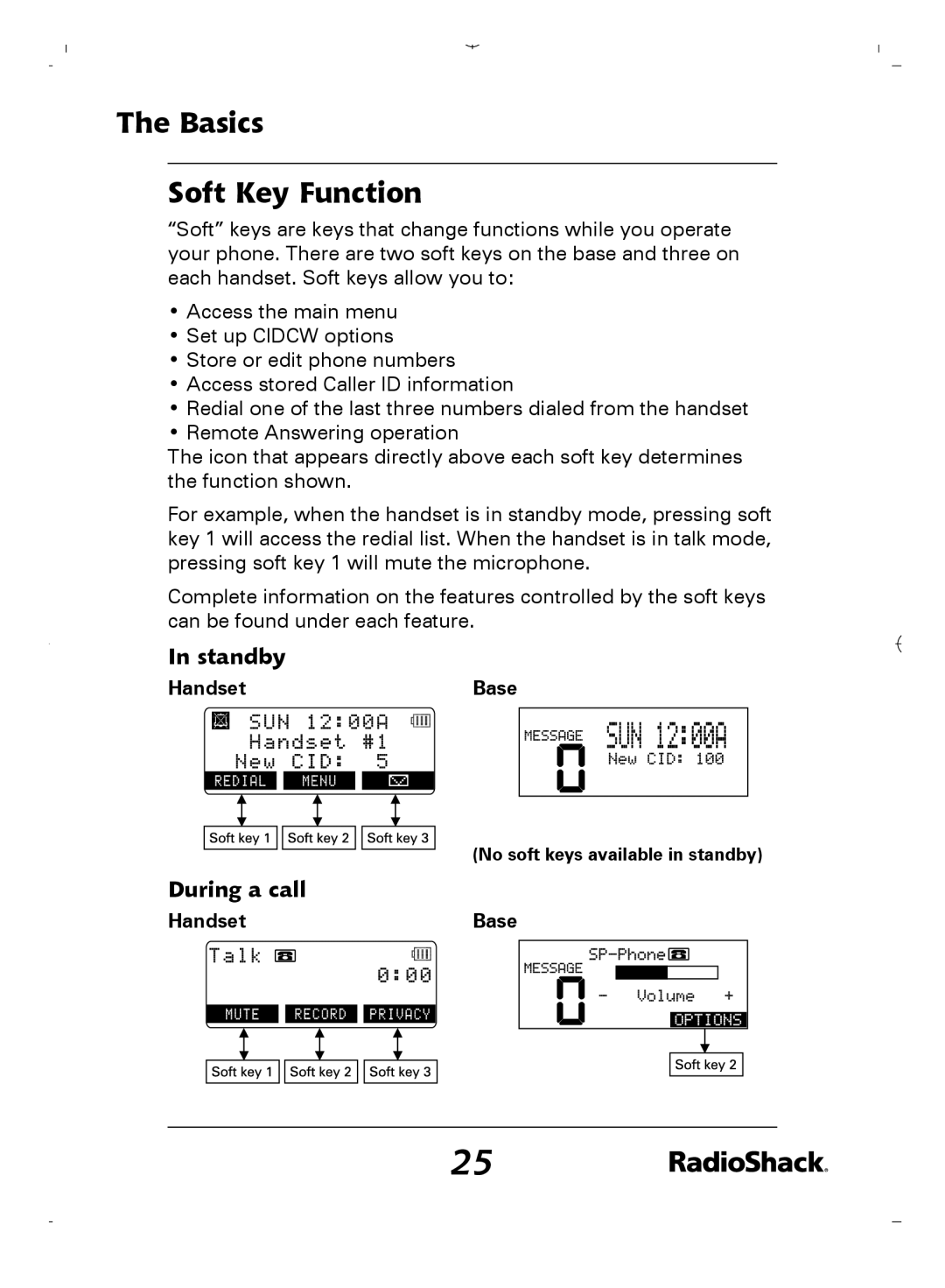 Radio Shack 43-5862 owner manual Basics Soft Key Function, Standby, During a call, HandsetBase 