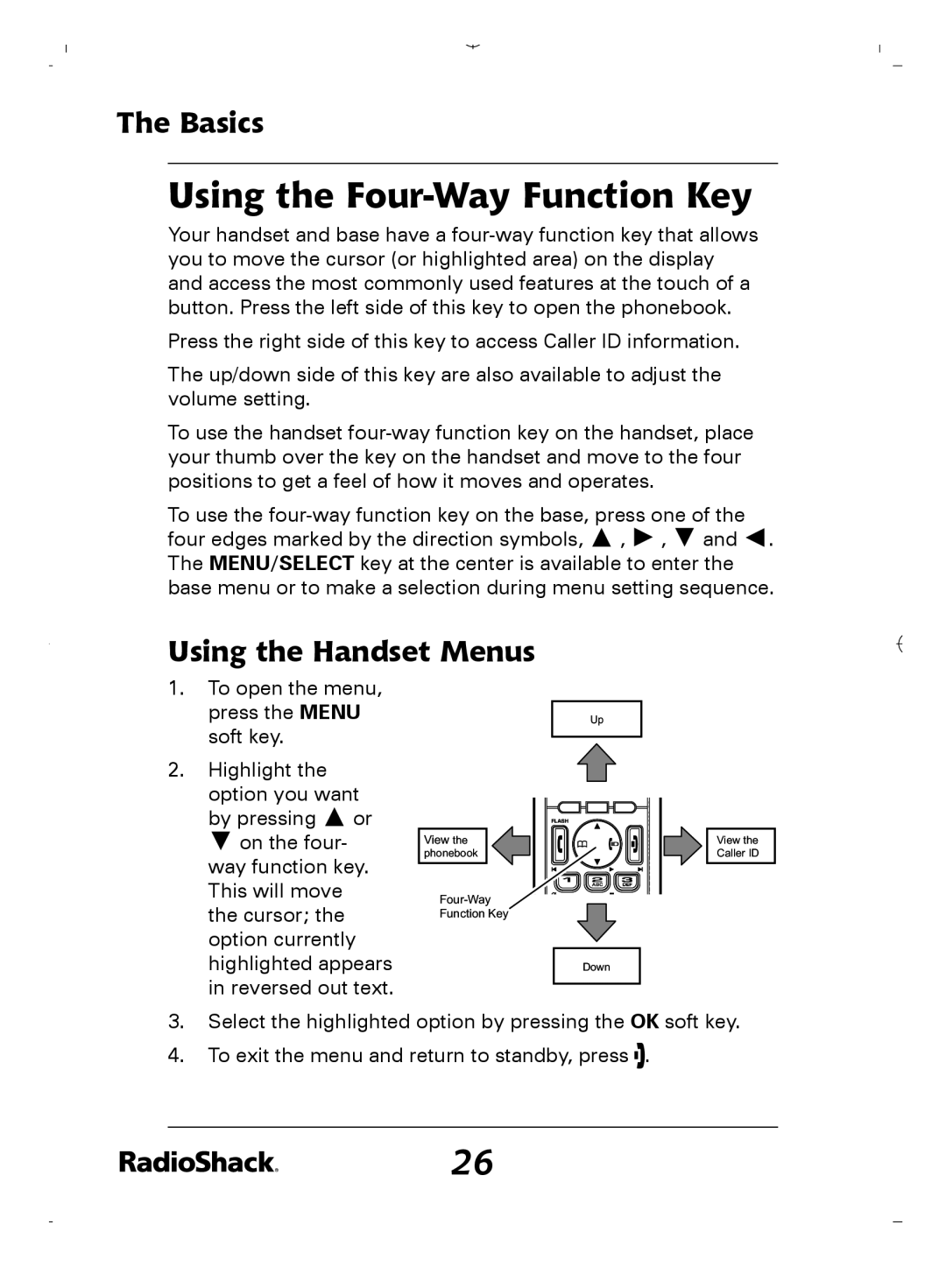 Radio Shack 43-5862 owner manual Using the Four-Way Function Key, Using the Handset Menus 