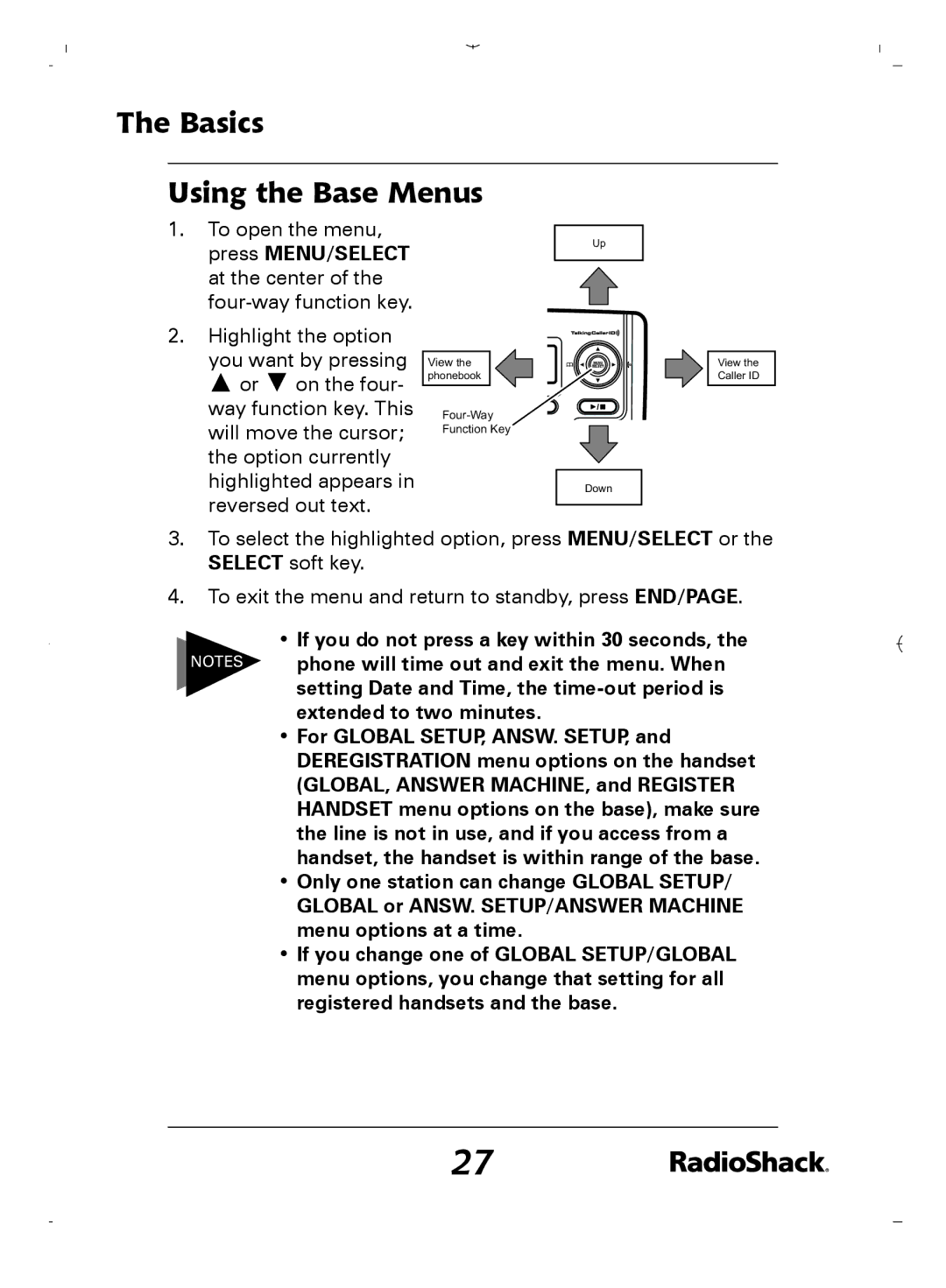 Radio Shack 43-5862 owner manual Basics Using the Base Menus 