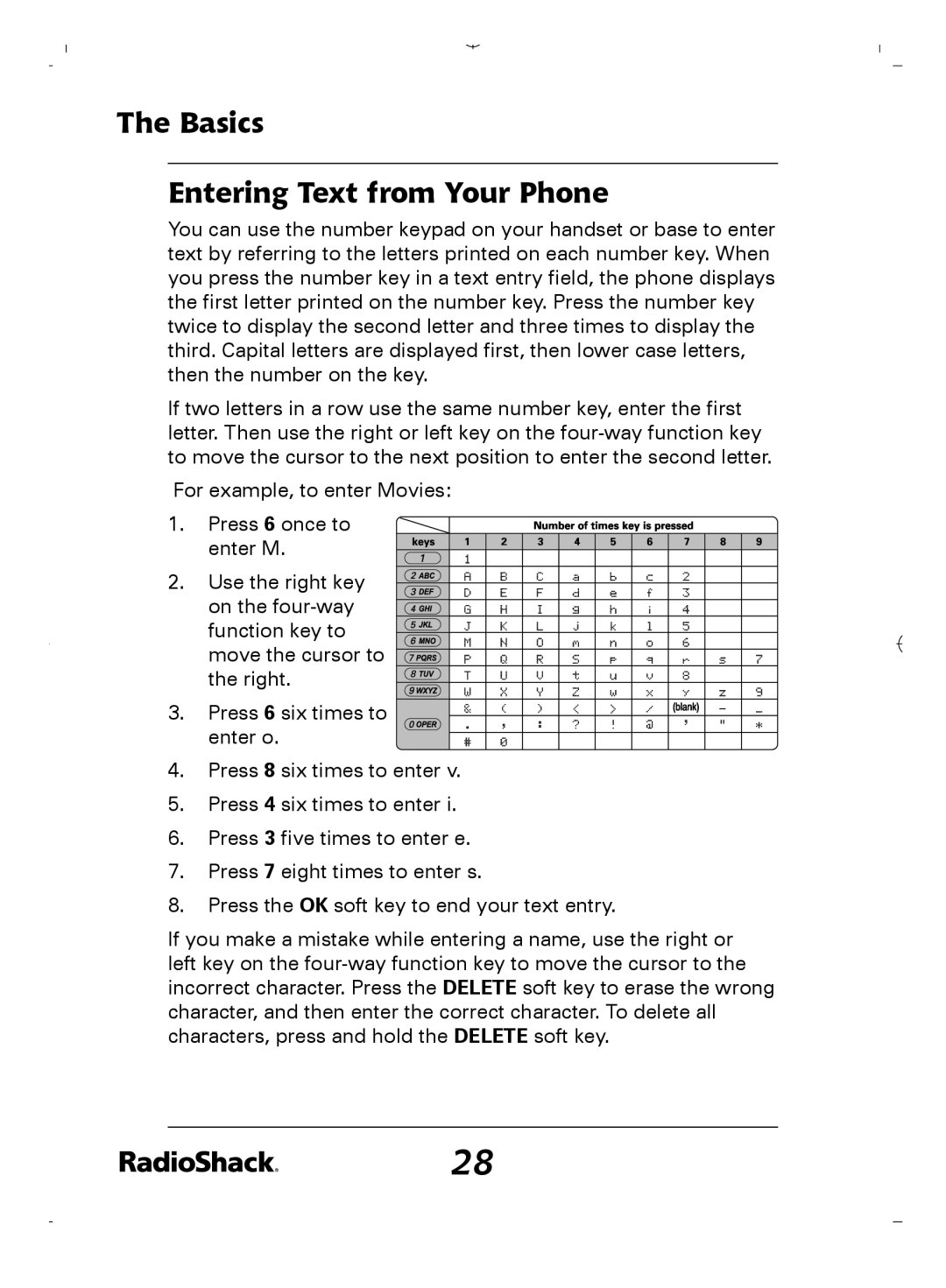 Radio Shack 43-5862 owner manual Basics Entering Text from Your Phone 