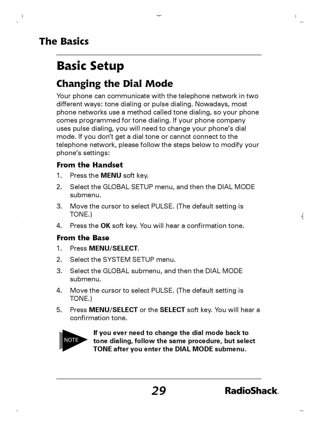 Radio Shack 43-5862 owner manual Basic Setup, Changing the Dial Mode, From the Handset, From the Base, Press MENU/SELECT 