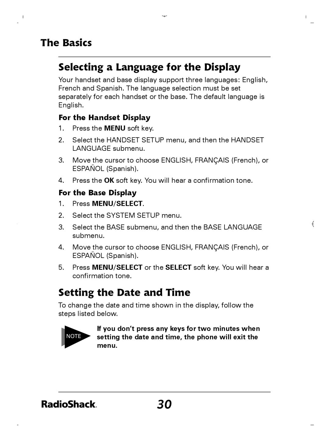 Radio Shack 43-5862 Basics Selecting a Language for the Display, Setting the Date and Time, For the Handset Display 