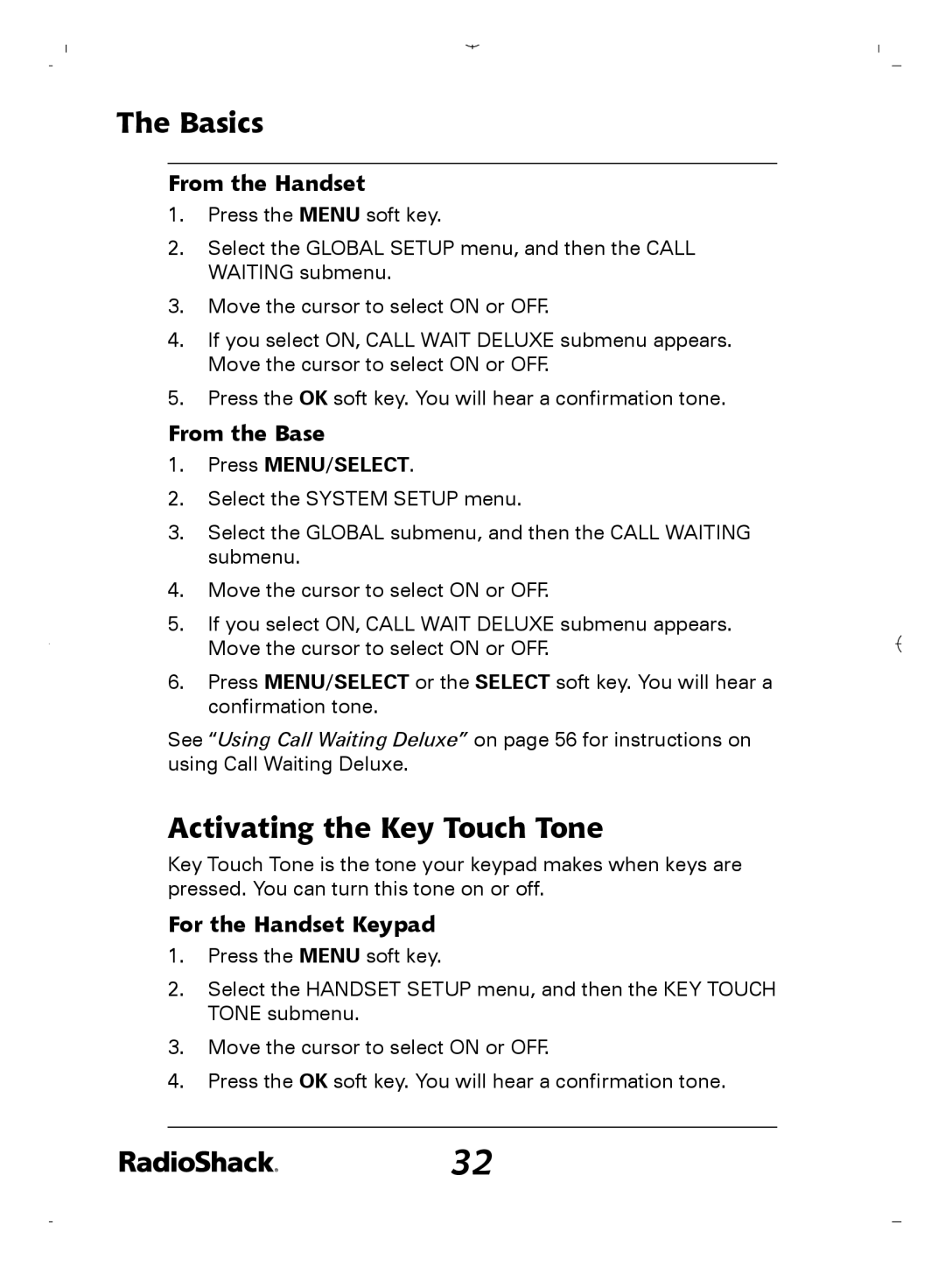 Radio Shack 43-5862 owner manual Activating the Key Touch Tone, For the Handset Keypad 