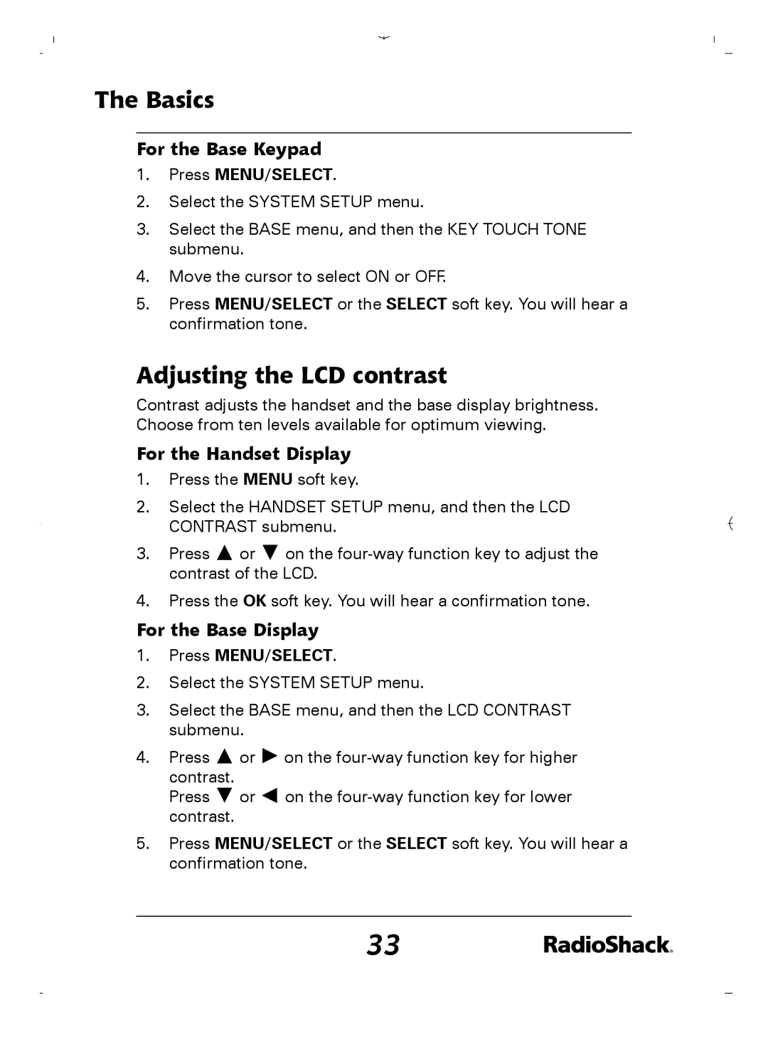 Radio Shack 43-5862 owner manual Adjusting the LCD contrast, For the Base Keypad 