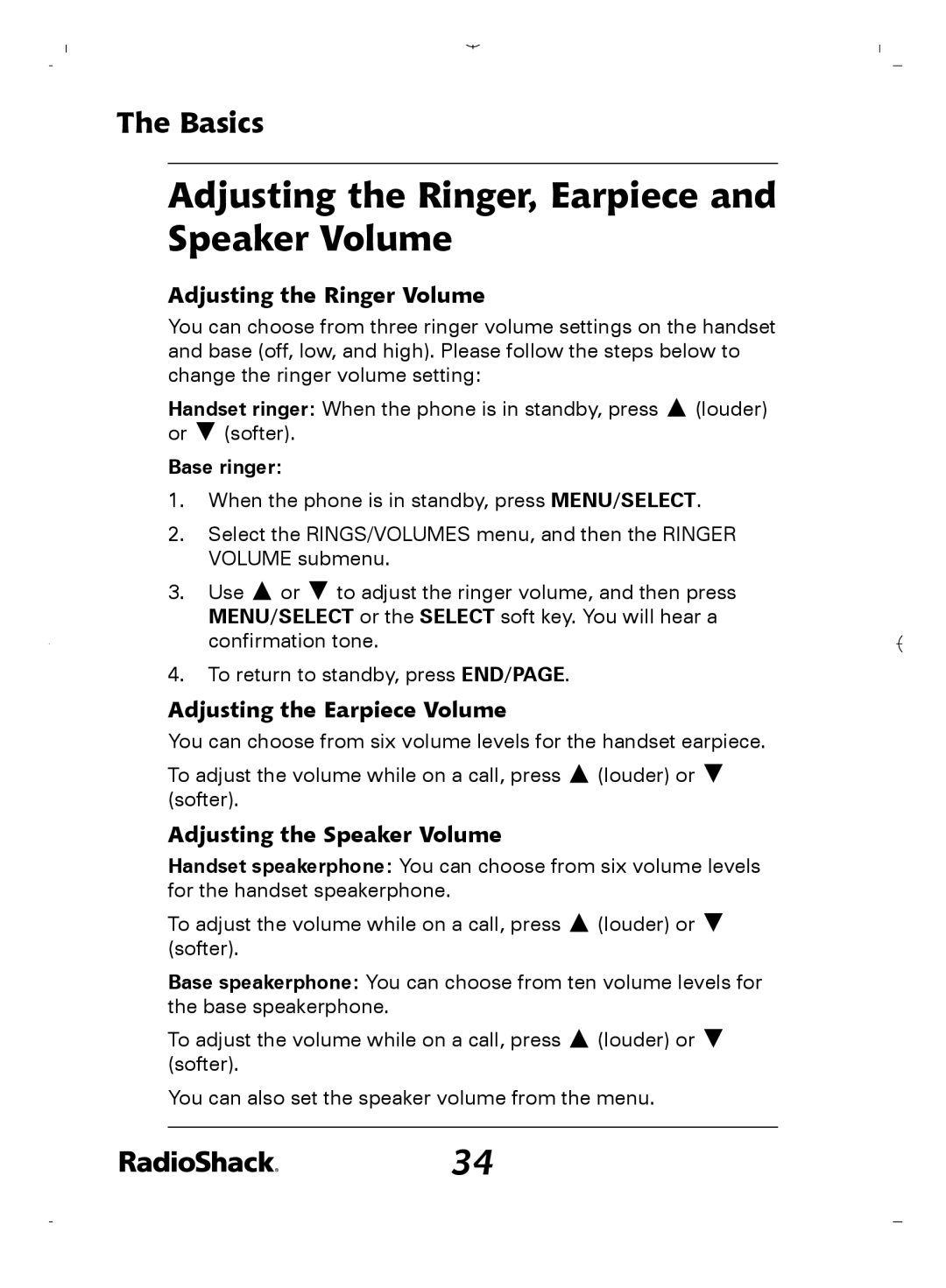 Radio Shack 43-5862 Adjusting the Ringer, Earpiece and Speaker Volume, Adjusting the Ringer Volume, Base ringer 