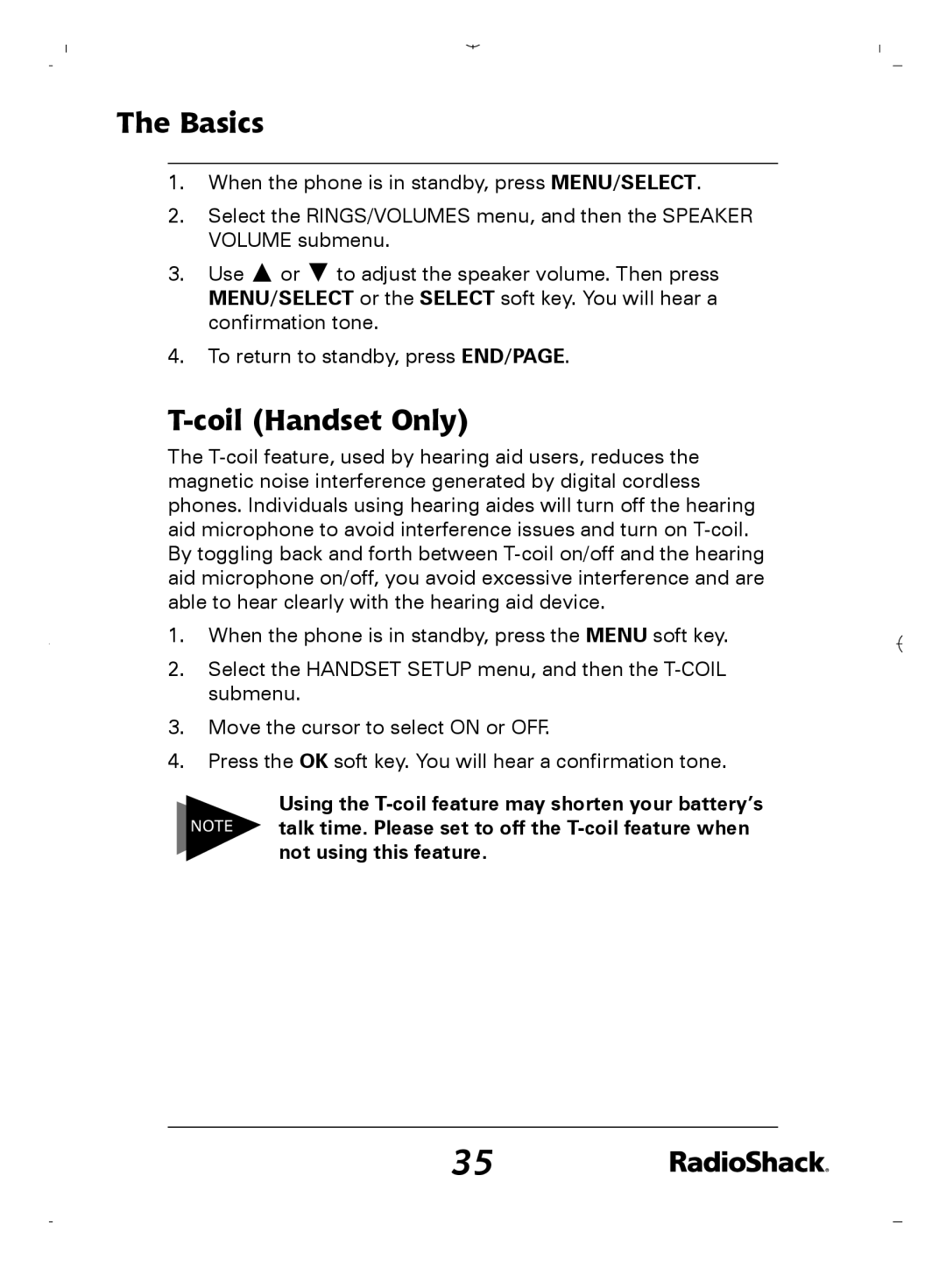 Radio Shack 43-5862 owner manual Coil Handset Only, Using the T-coil feature may shorten your battery’s 