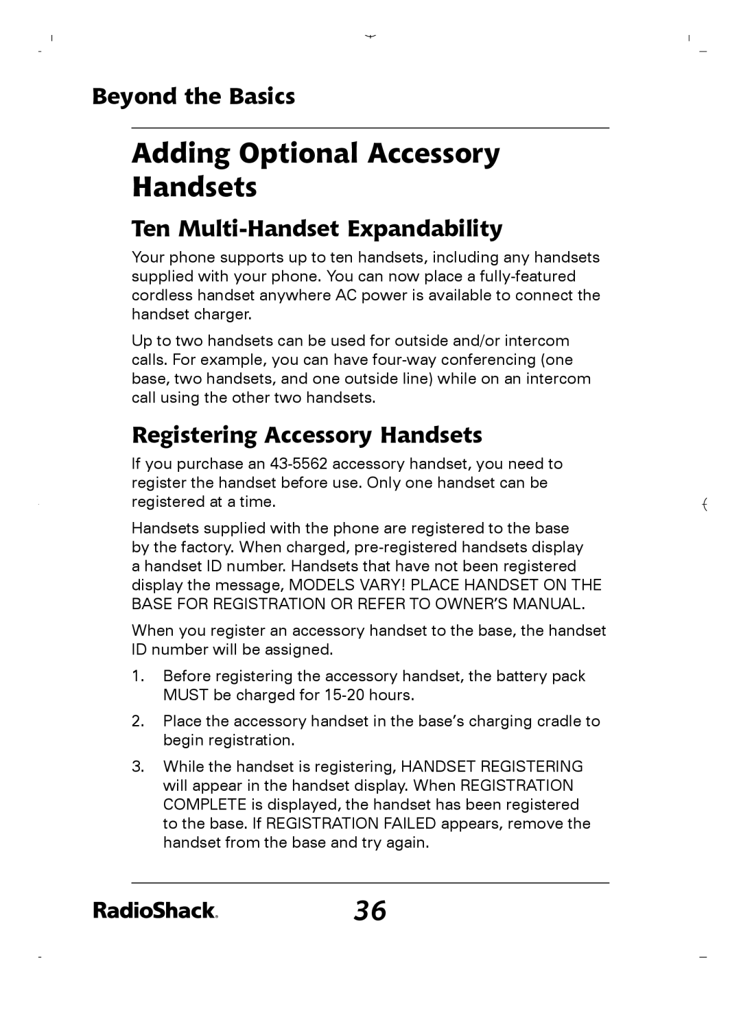 Radio Shack 43-5862 owner manual Adding Optional Accessory Handsets, Beyond the Basics, Ten Multi-Handset Expandability 