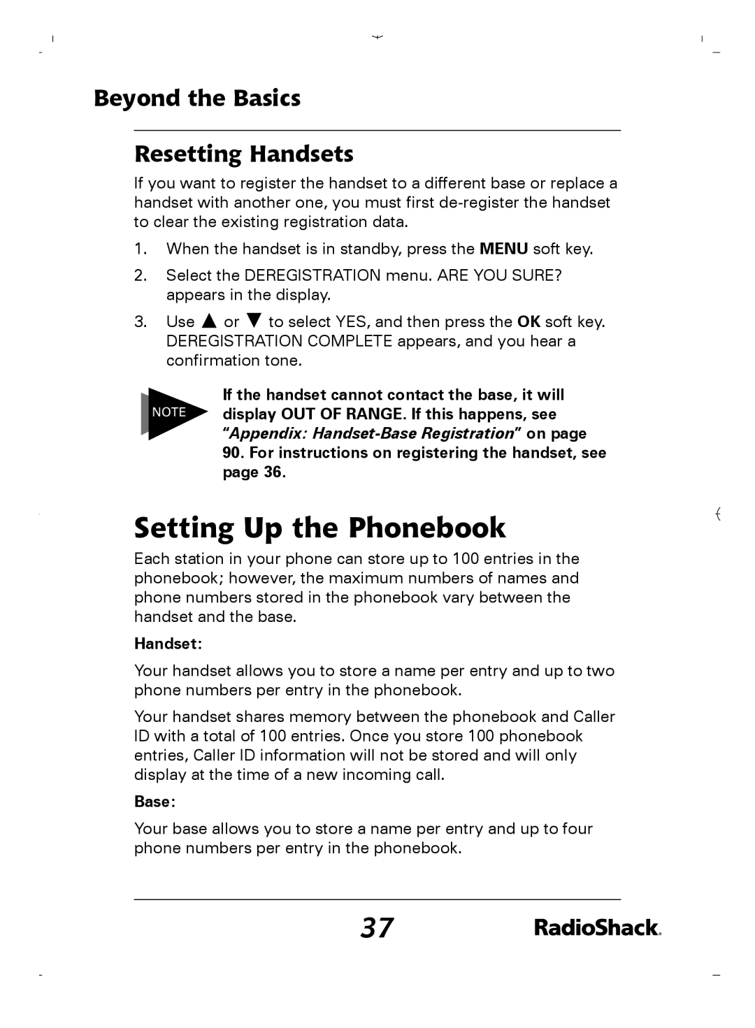 Radio Shack 43-5862 owner manual Setting Up the Phonebook, Beyond the Basics Resetting Handsets, Base 