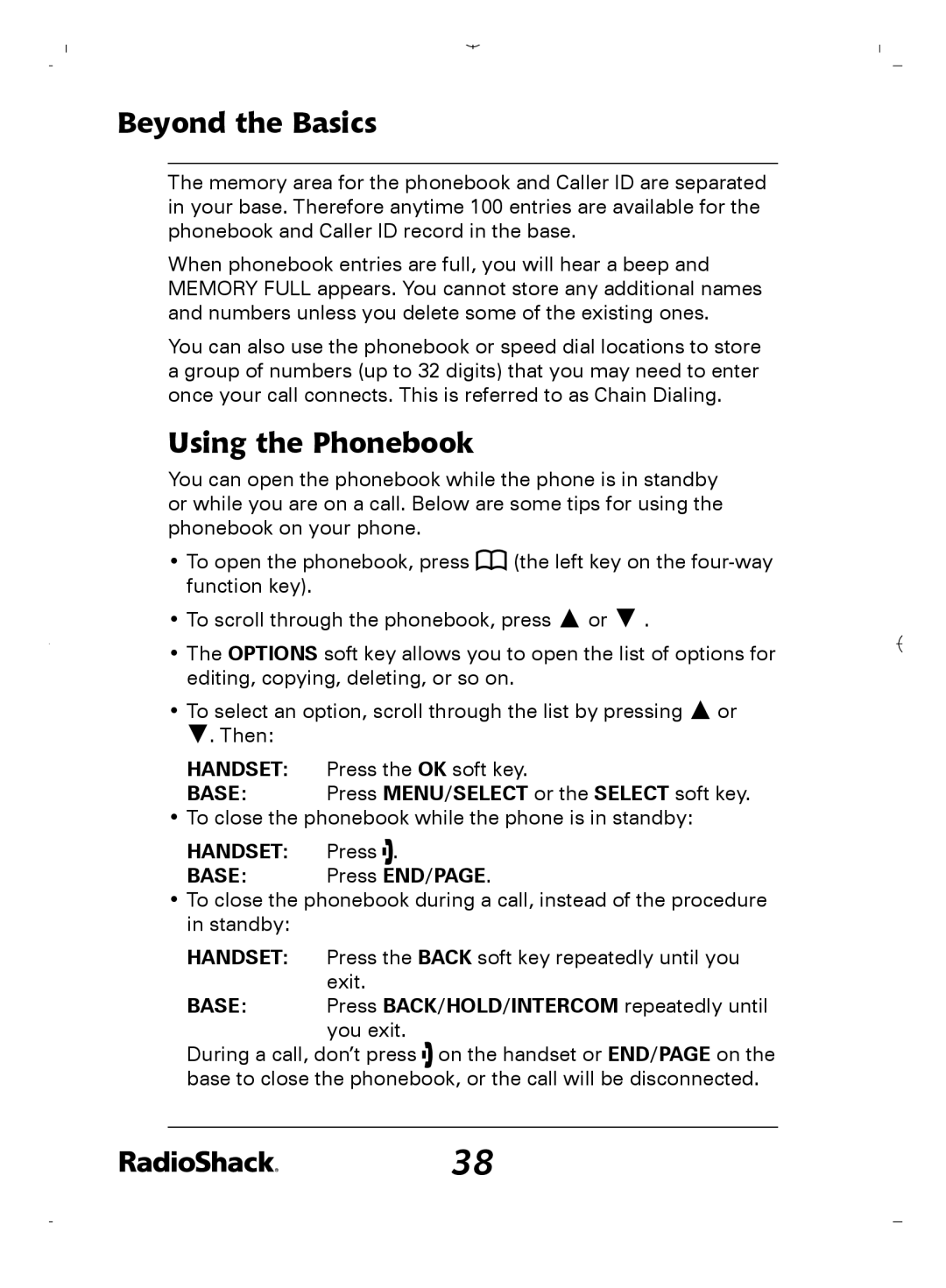 Radio Shack 43-5862 Using the Phonebook, Base Press MENU/SELECT or the Select soft key, Handset Press Base Press END/PAGE 