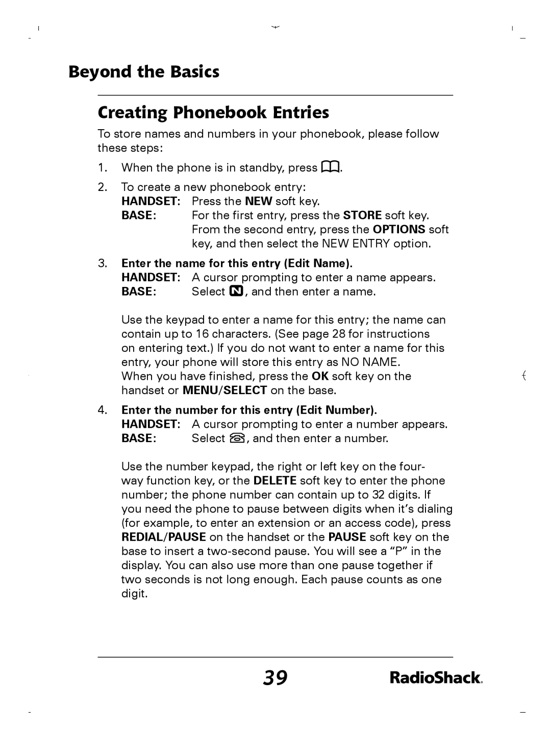 Radio Shack 43-5862 owner manual Beyond the Basics Creating Phonebook Entries, Enter the name for this entry Edit Name 