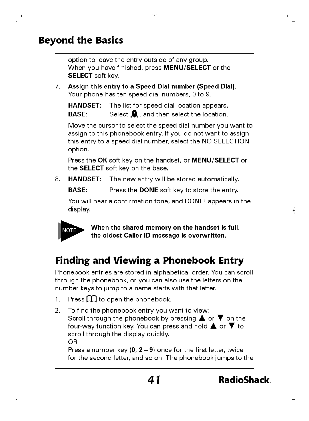 Radio Shack 43-5862 owner manual Finding and Viewing a Phonebook Entry, Assign this entry to a Speed Dial number Speed Dial 