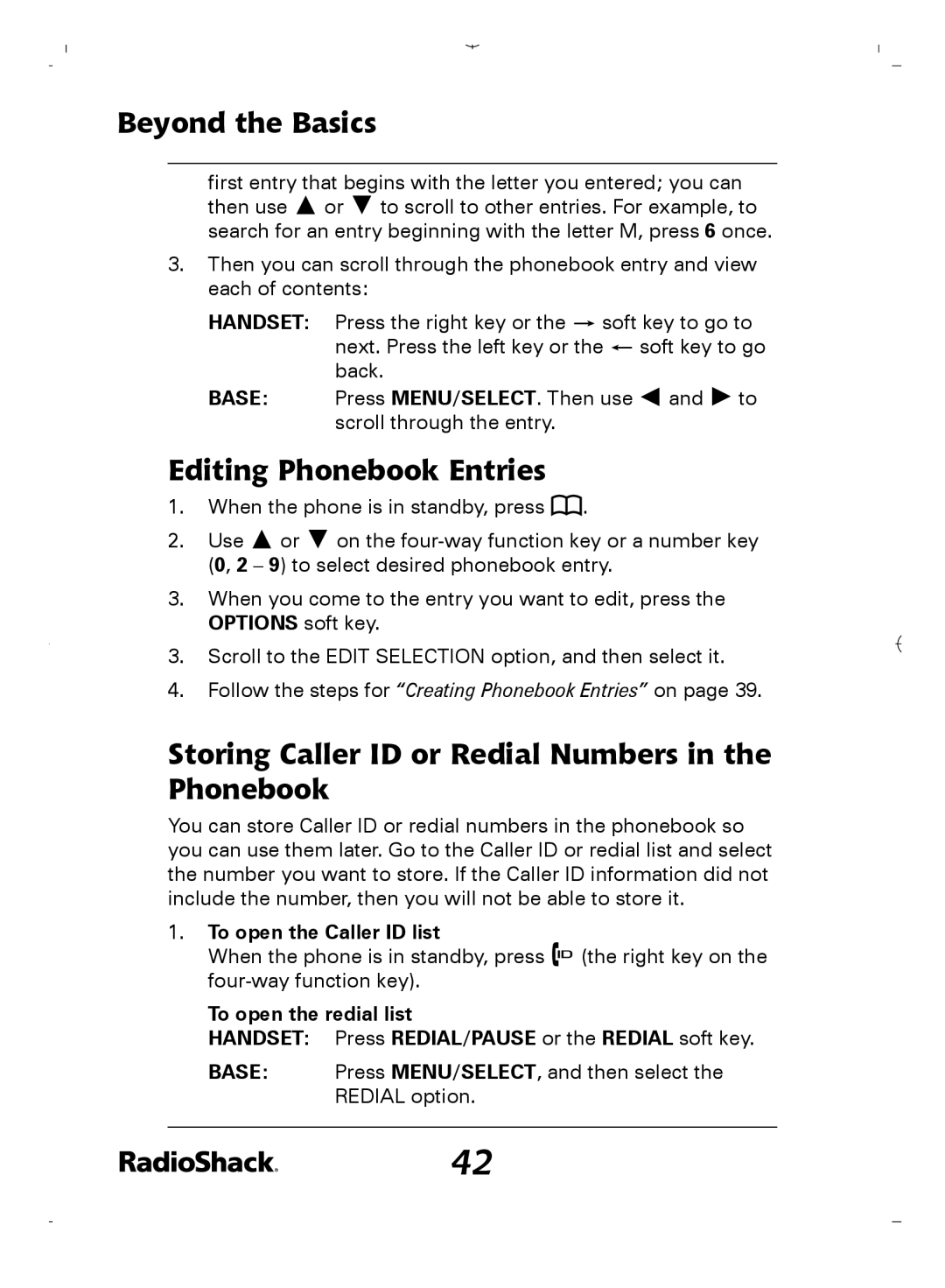 Radio Shack 43-5862 owner manual Editing Phonebook Entries, Storing Caller ID or Redial Numbers in the Phonebook 