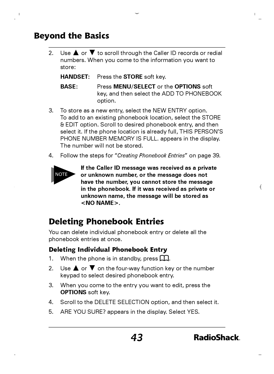 Radio Shack 43-5862 owner manual Deleting Phonebook Entries, Deleting Individual Phonebook Entry 