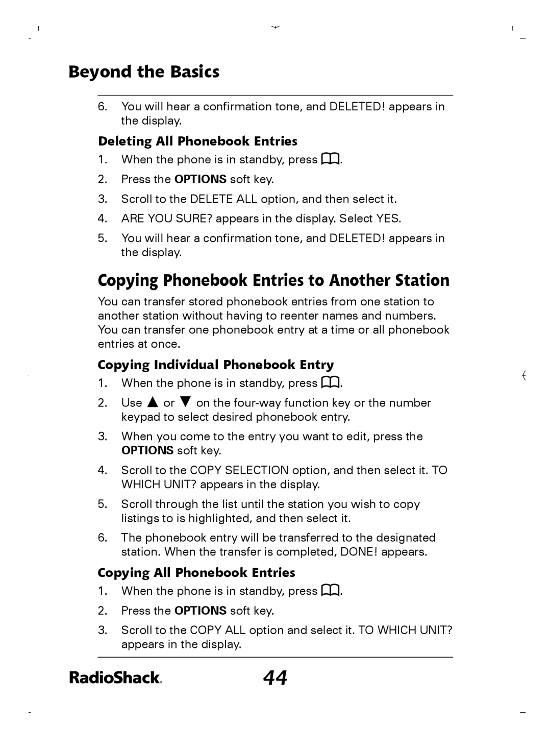 Radio Shack 43-5862 owner manual Copying Phonebook Entries to Another Station, Deleting All Phonebook Entries 