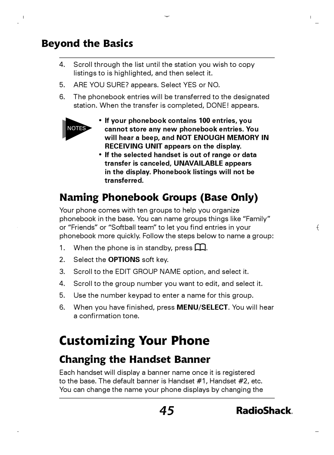 Radio Shack 43-5862 owner manual Customizing Your Phone, Naming Phonebook Groups Base Only, Changing the Handset Banner 