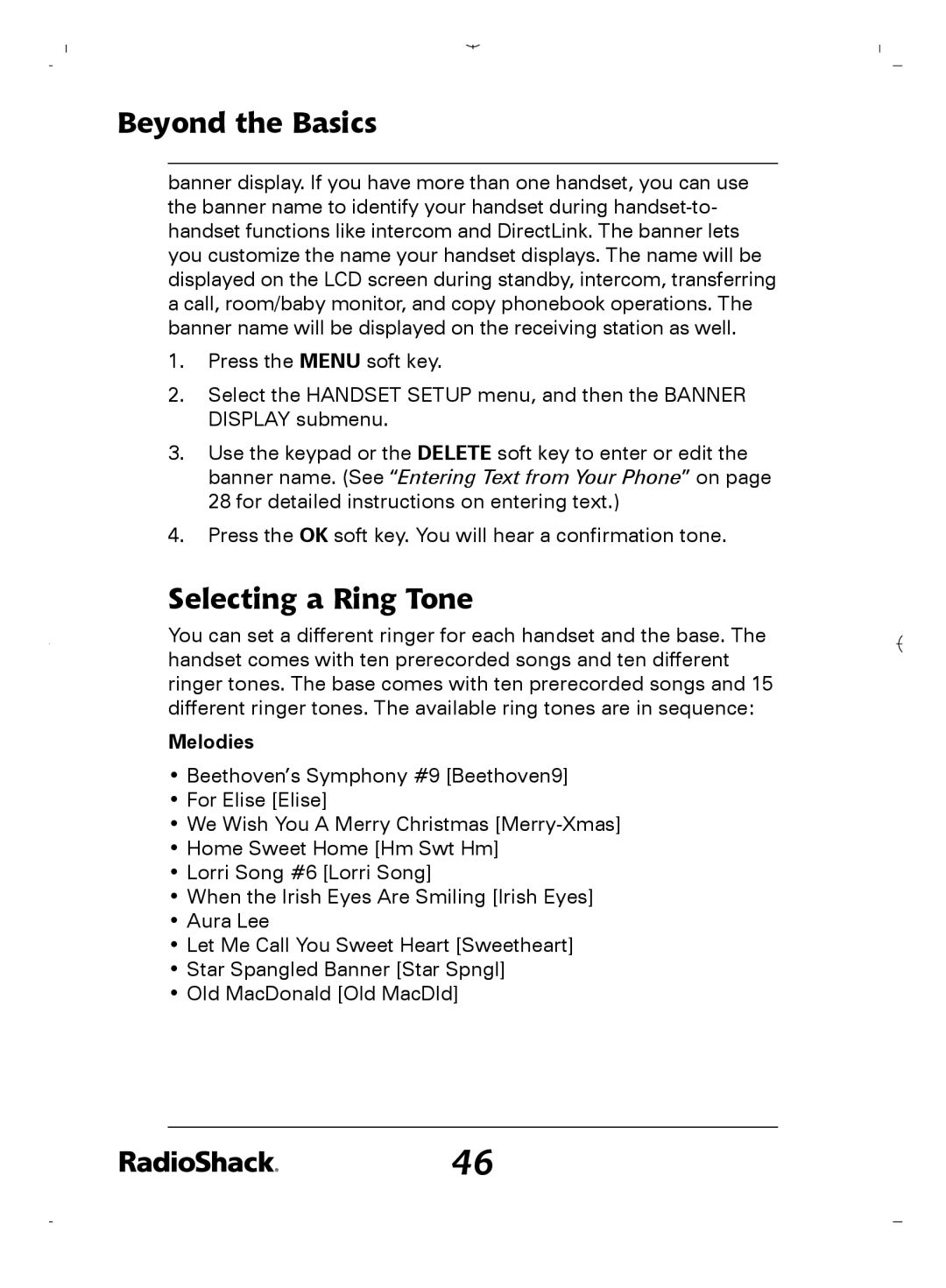 Radio Shack 43-5862 owner manual Selecting a Ring Tone, Melodies 