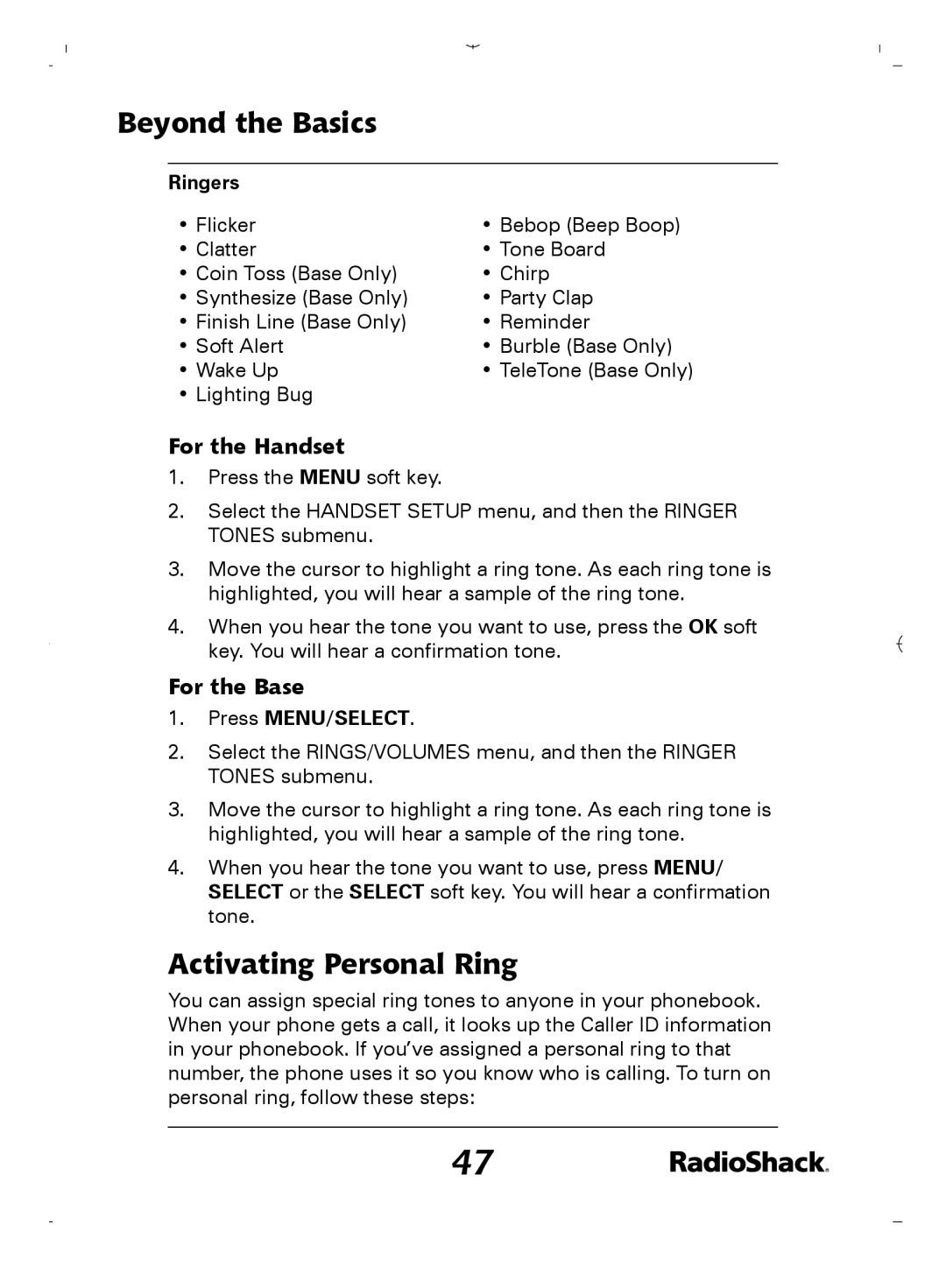 Radio Shack 43-5862 owner manual Activating Personal Ring, For the Handset, For the Base, Ringers 