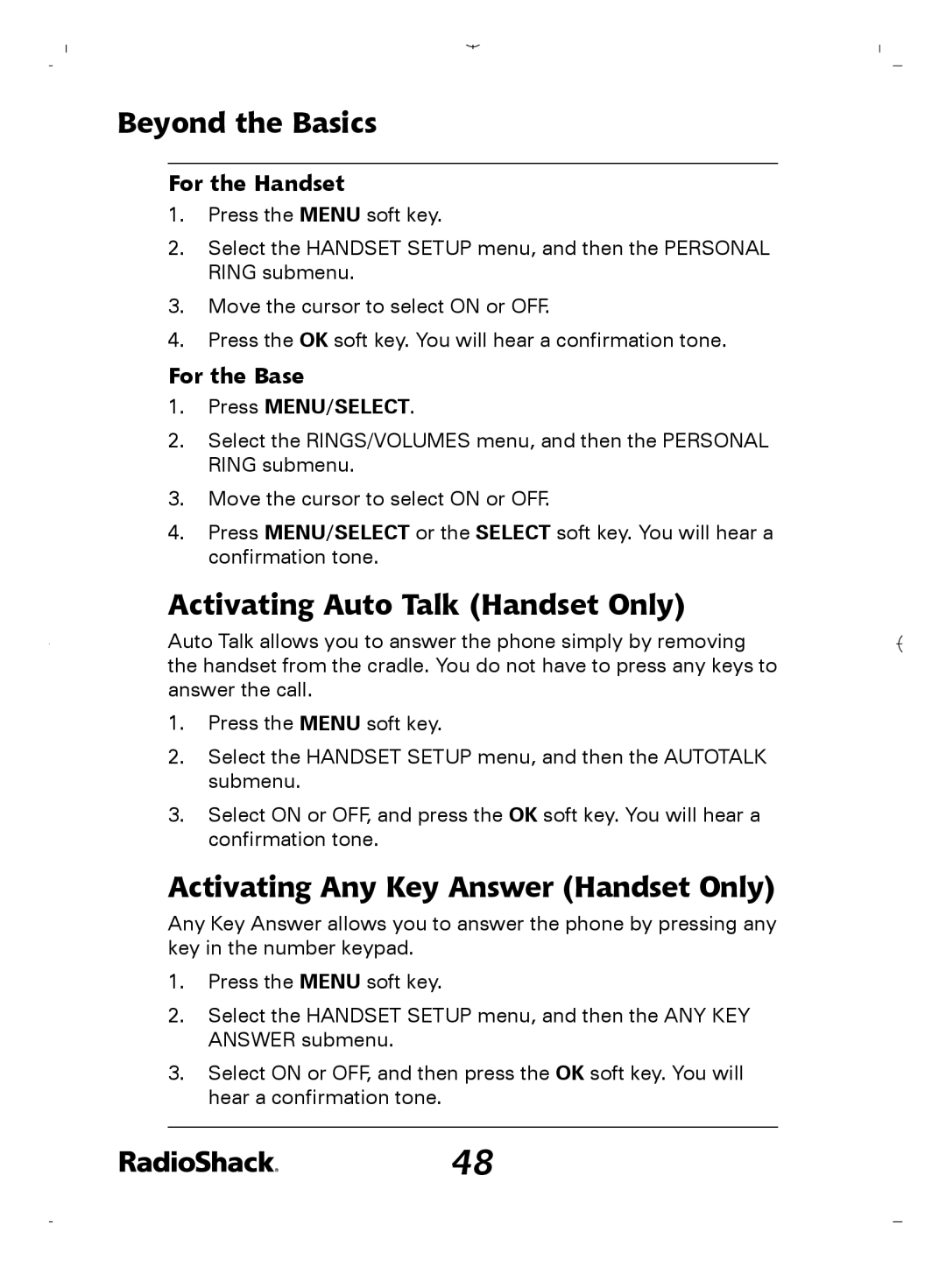 Radio Shack 43-5862 owner manual Activating Auto Talk Handset Only, Activating Any Key Answer Handset Only 