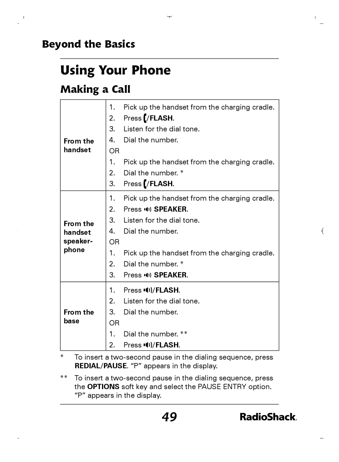 Radio Shack 43-5862 owner manual Using Your Phone, Making a Call, From, Handset Speaker Phone 