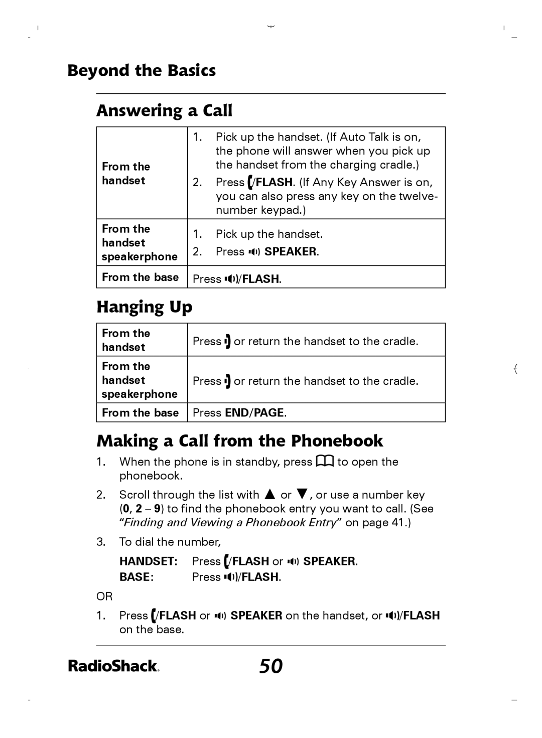 Radio Shack 43-5862 owner manual Beyond the Basics Answering a Call, Hanging Up, Making a Call from the Phonebook 