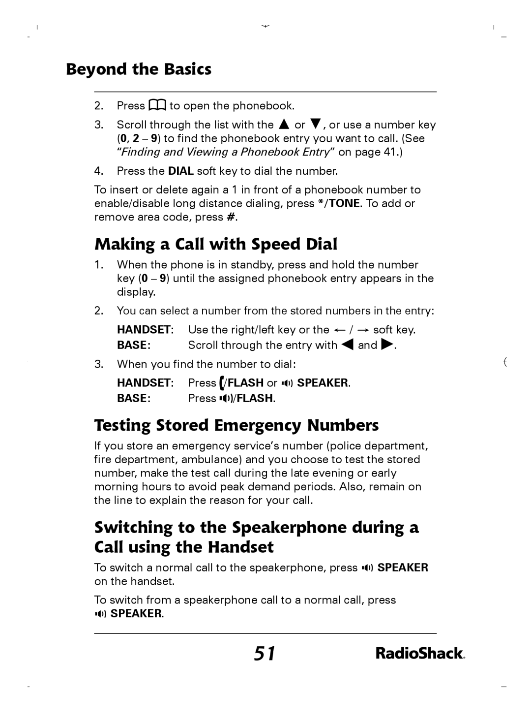 Radio Shack 43-5862 owner manual Making a Call with Speed Dial, Testing Stored Emergency Numbers 