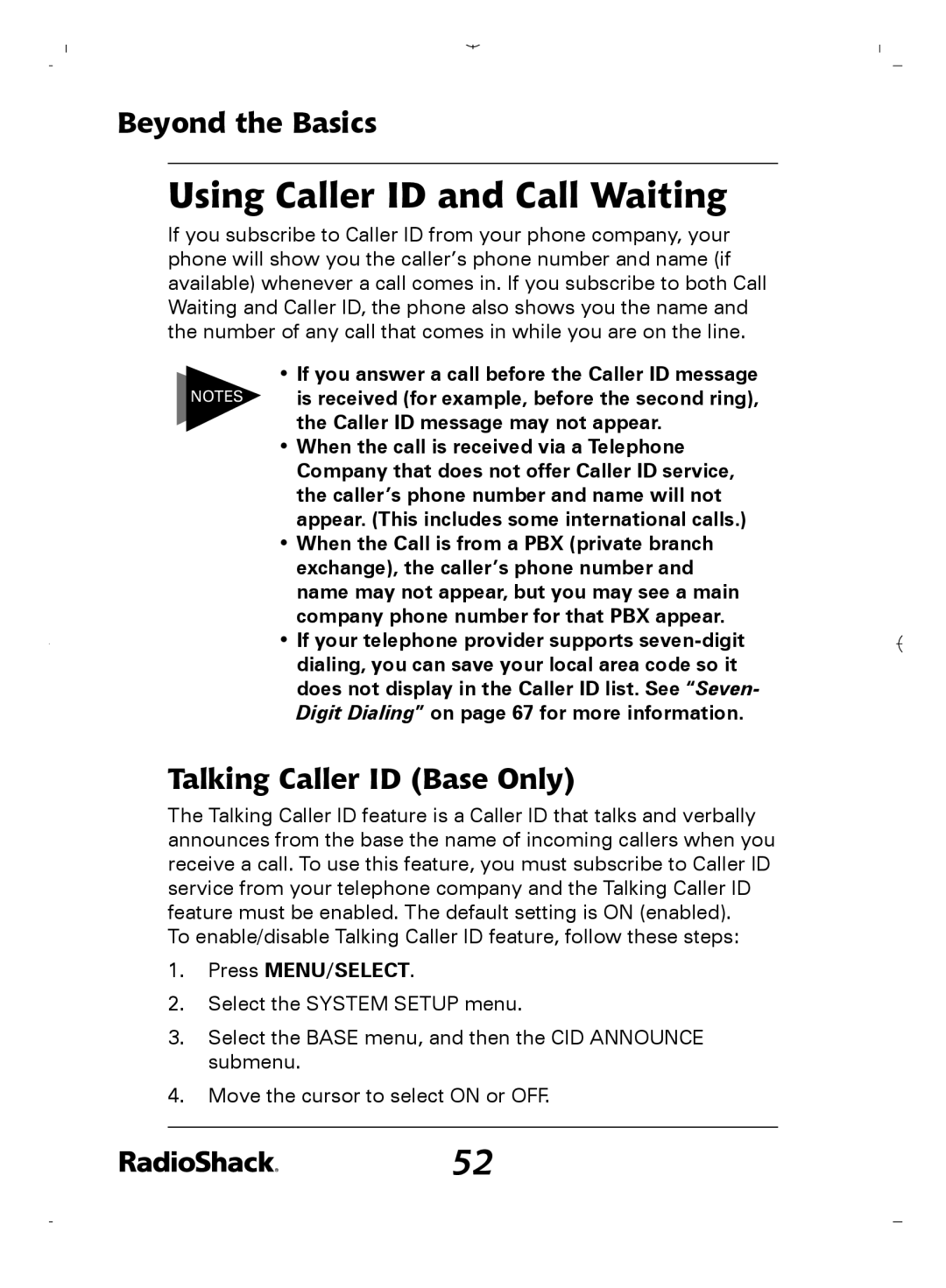 Radio Shack 43-5862 owner manual Using Caller ID and Call Waiting, Talking Caller ID Base Only 