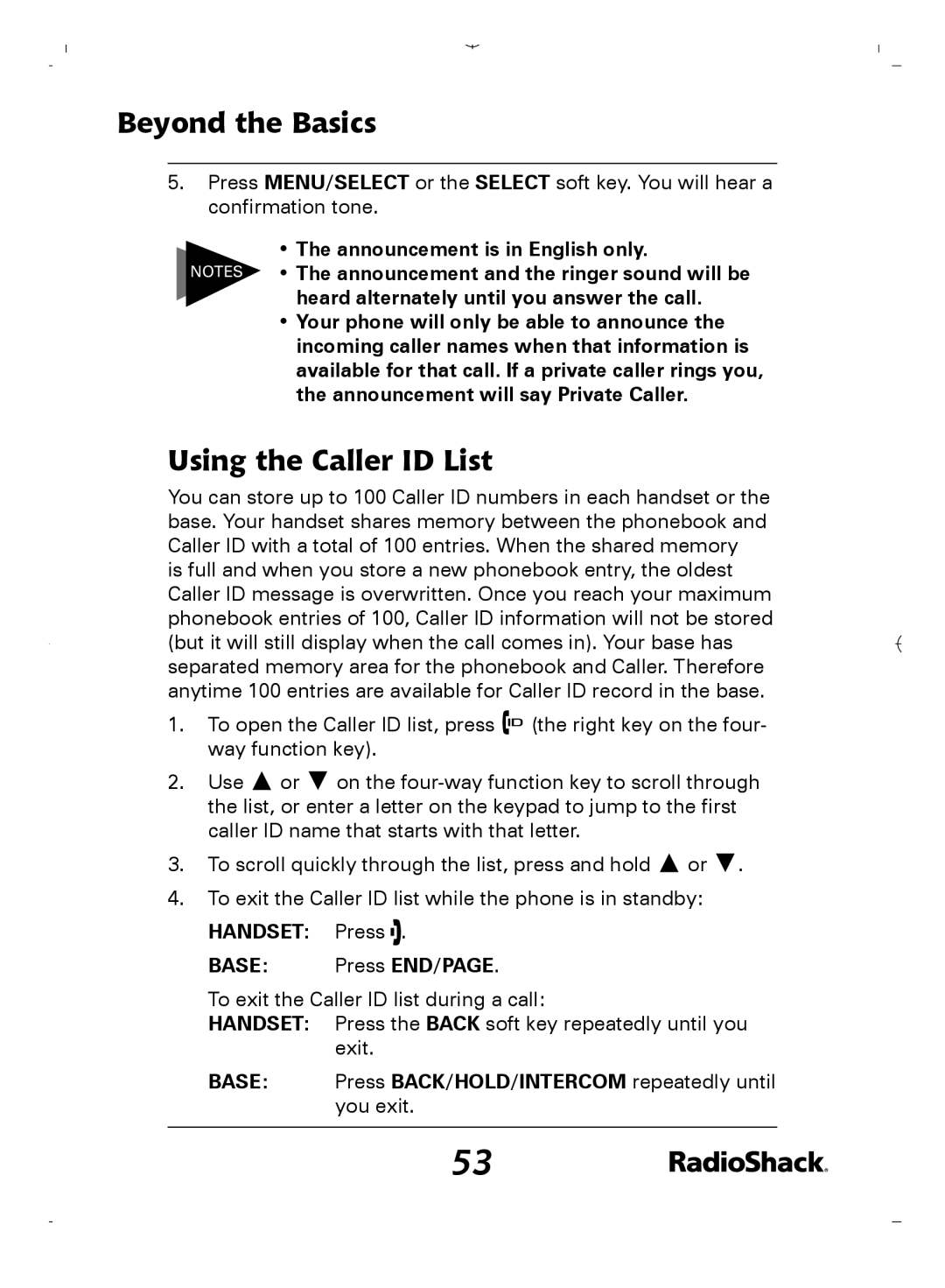 Radio Shack 43-5862 owner manual Using the Caller ID List, Handset Press Base Press END/PAGE 